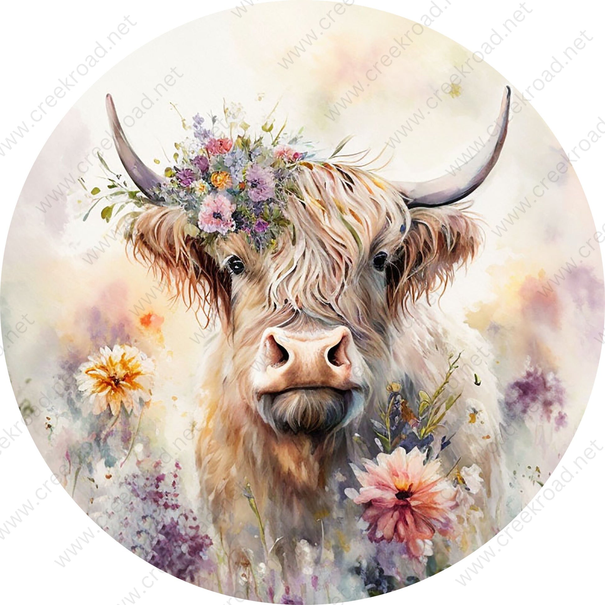 Spring Highland Cow Watercolor Wreath Sign-Round-Sublimation-Farm-Decor