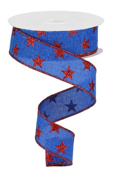 1.5" X 10Yd Wired Stars On Royal Ribbon -RGA110925-Royal Blue/Red-Wreaths-Crafts-Patriotic-Decor-