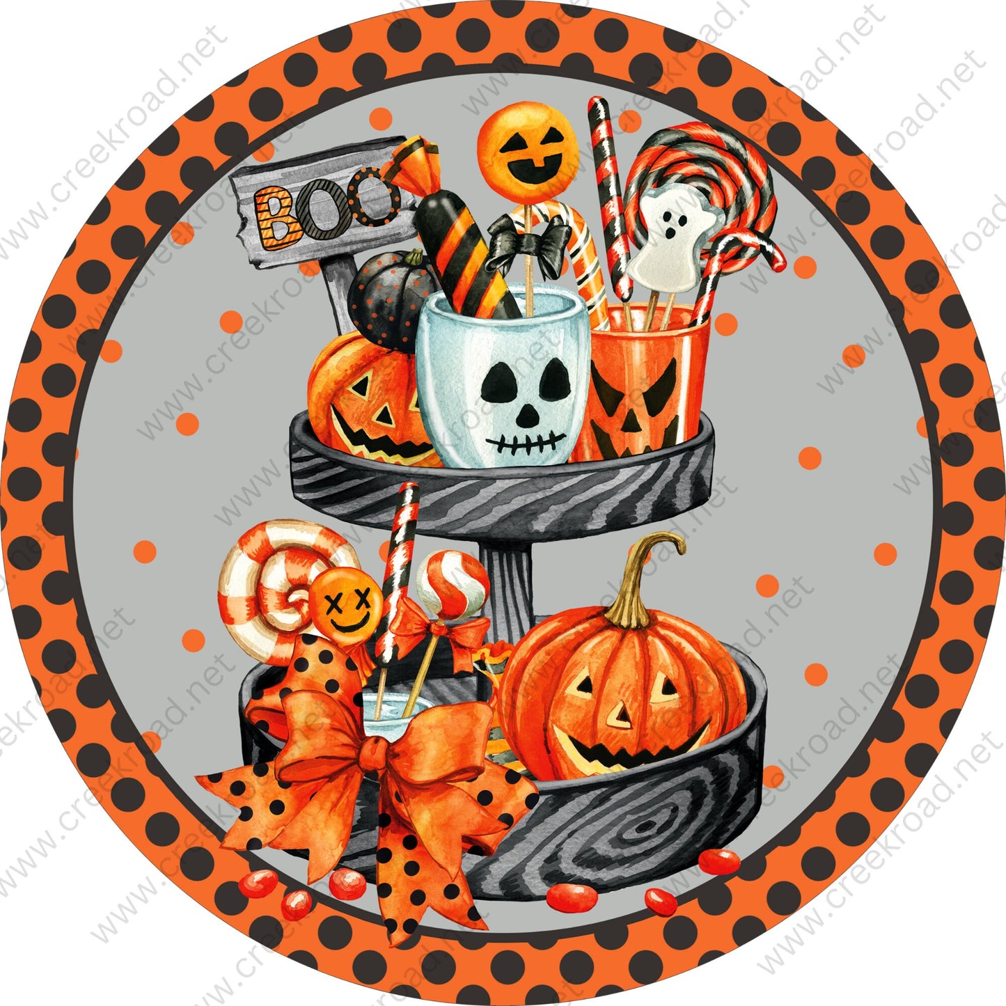 Boo Halloween Stacked Tray of Pumpkins Candy Treats Gray Background Halloween Sign -Sublimation - Wreath Sign - Round Metal Sign