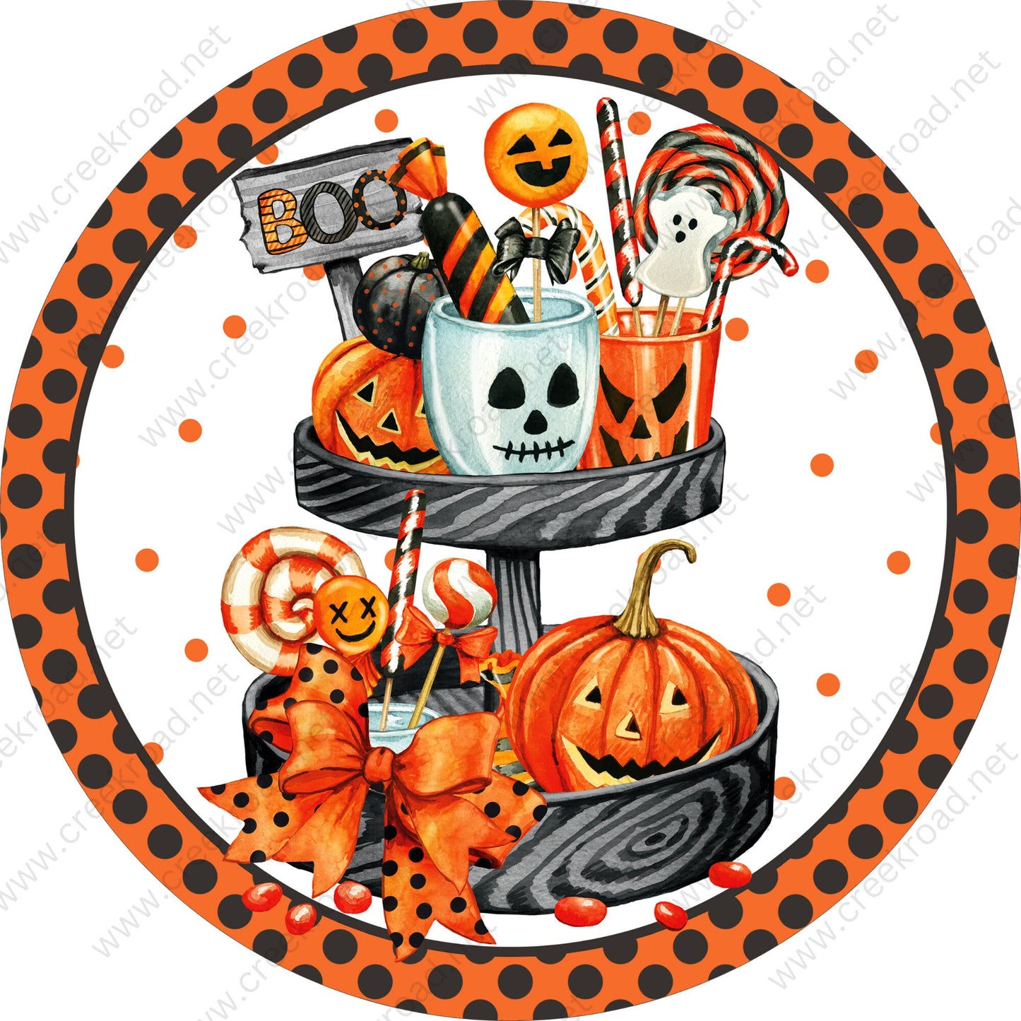 Boo Halloween Stacked Tray of Pumpkins Candy Treats White Background Halloween Sign -Sublimation - Wreath Sign - Round Metal Sign