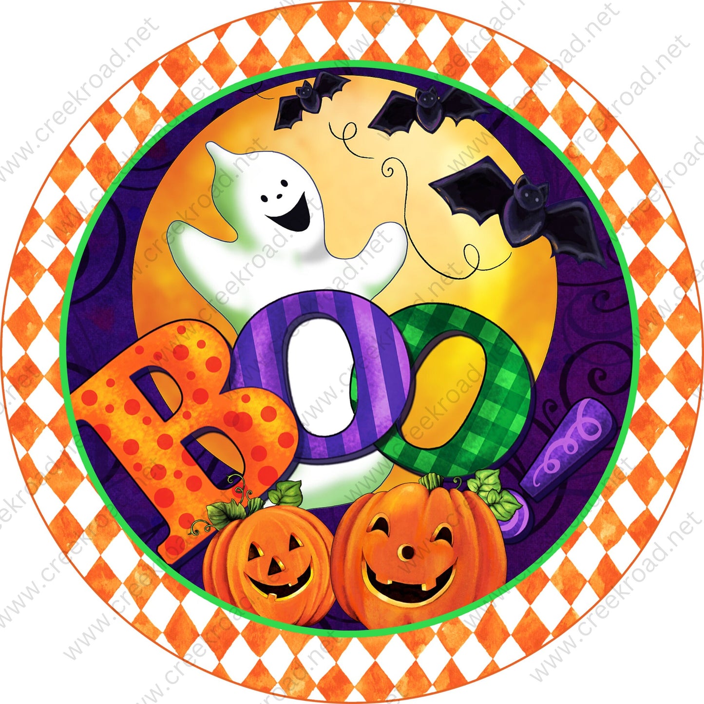 Boo Ghost Under Blood Orange Moon Pumpkins Bats Orange White Checkered Border Halloween Sign -Sublimation - Wreath Sign - Metal Sign