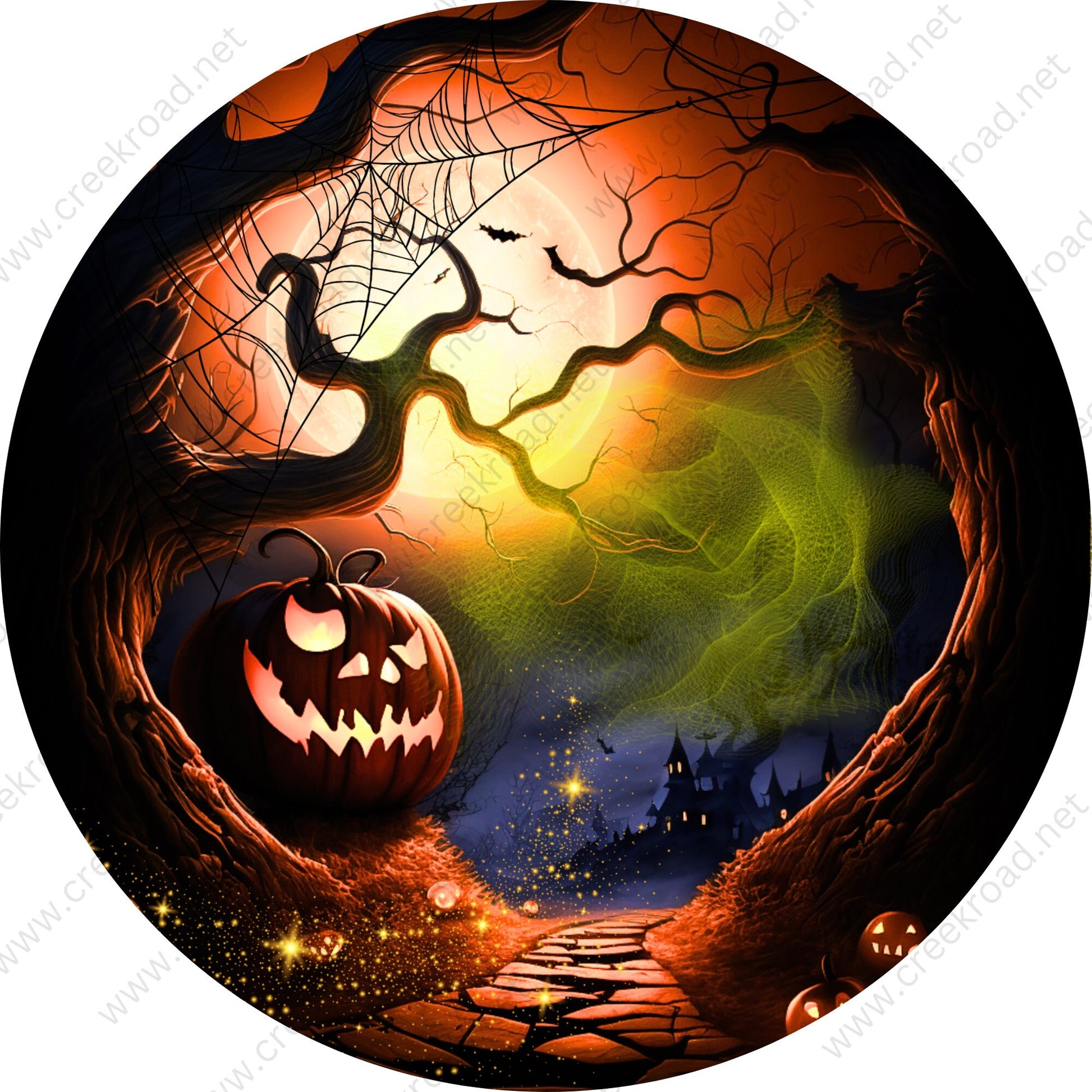 Halloween Jack-O-Lantern in Spooky Forest Wreath Sign-Fall-Sublimation-Round-Decor