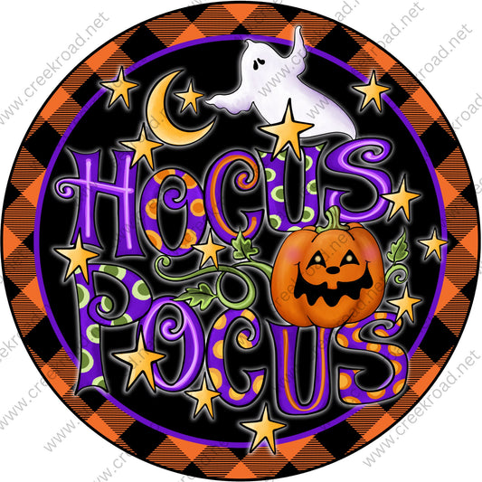 Hocus Pocus Jack-o-lantern Ghost on Orange Black Checkered Border Wreath Sign-Fall-Sublimation-Round-Decor