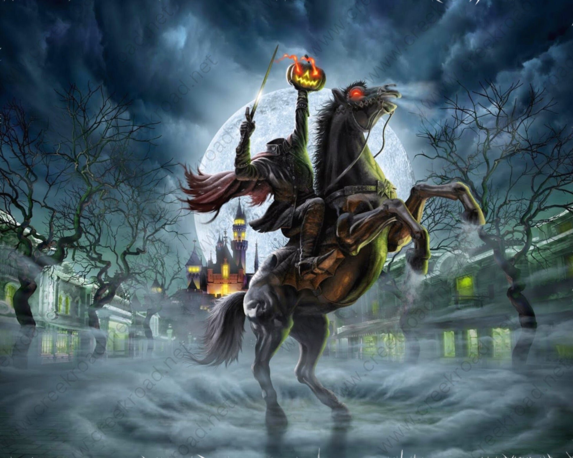 Headless Horseman on Black Stallion Full Moon Wreath Sign-10"X10" Square-Halloween-Sublimation-Decor