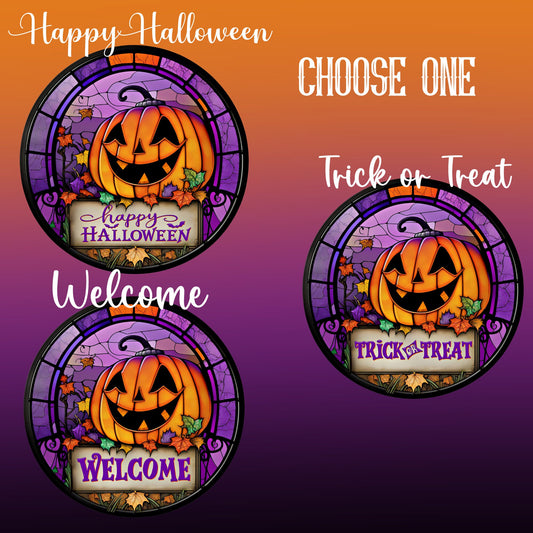 Happy Halloween Trick-Trick or Treat- 3 CHOICES-Welcome Halloween Faux Stained Glass Wreath Sign-Sublimation-Round-Decor