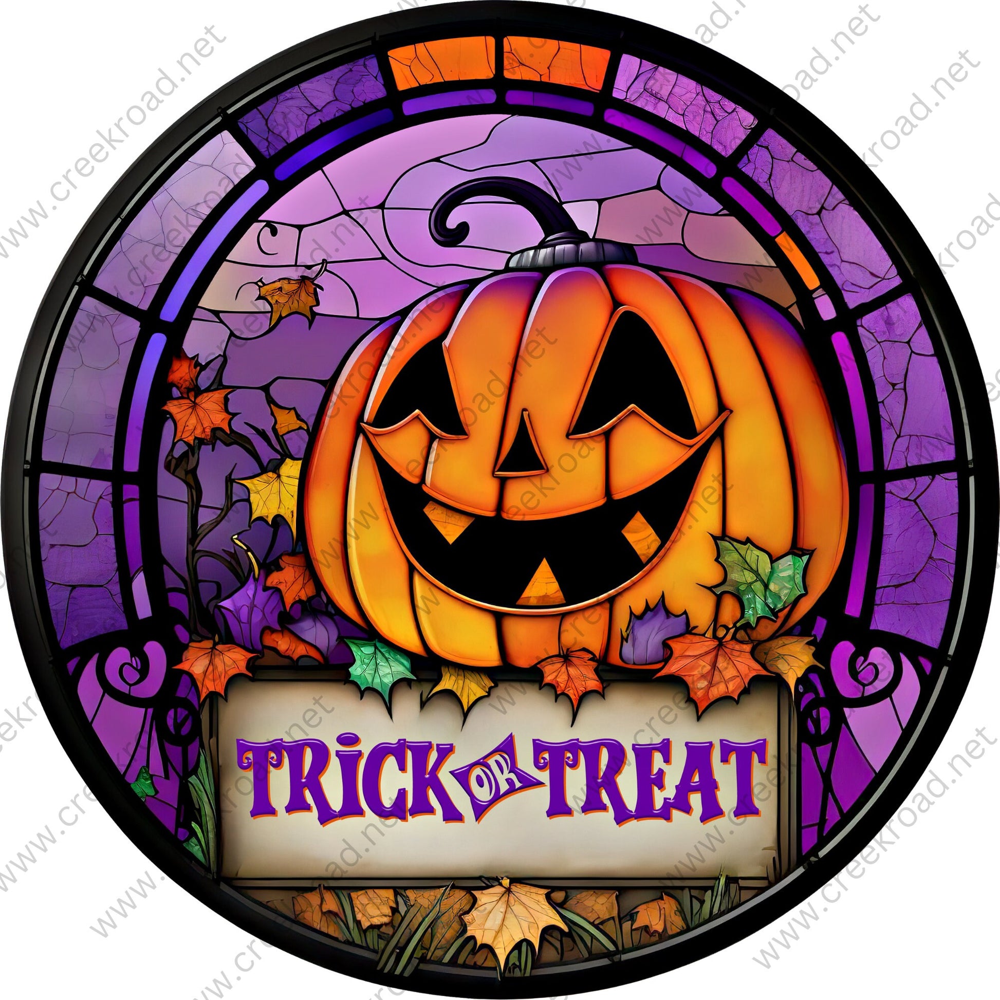 Happy Halloween Trick-Trick or Treat- 3 CHOICES-Welcome Halloween Faux Stained Glass Wreath Sign-Sublimation-Round-Decor