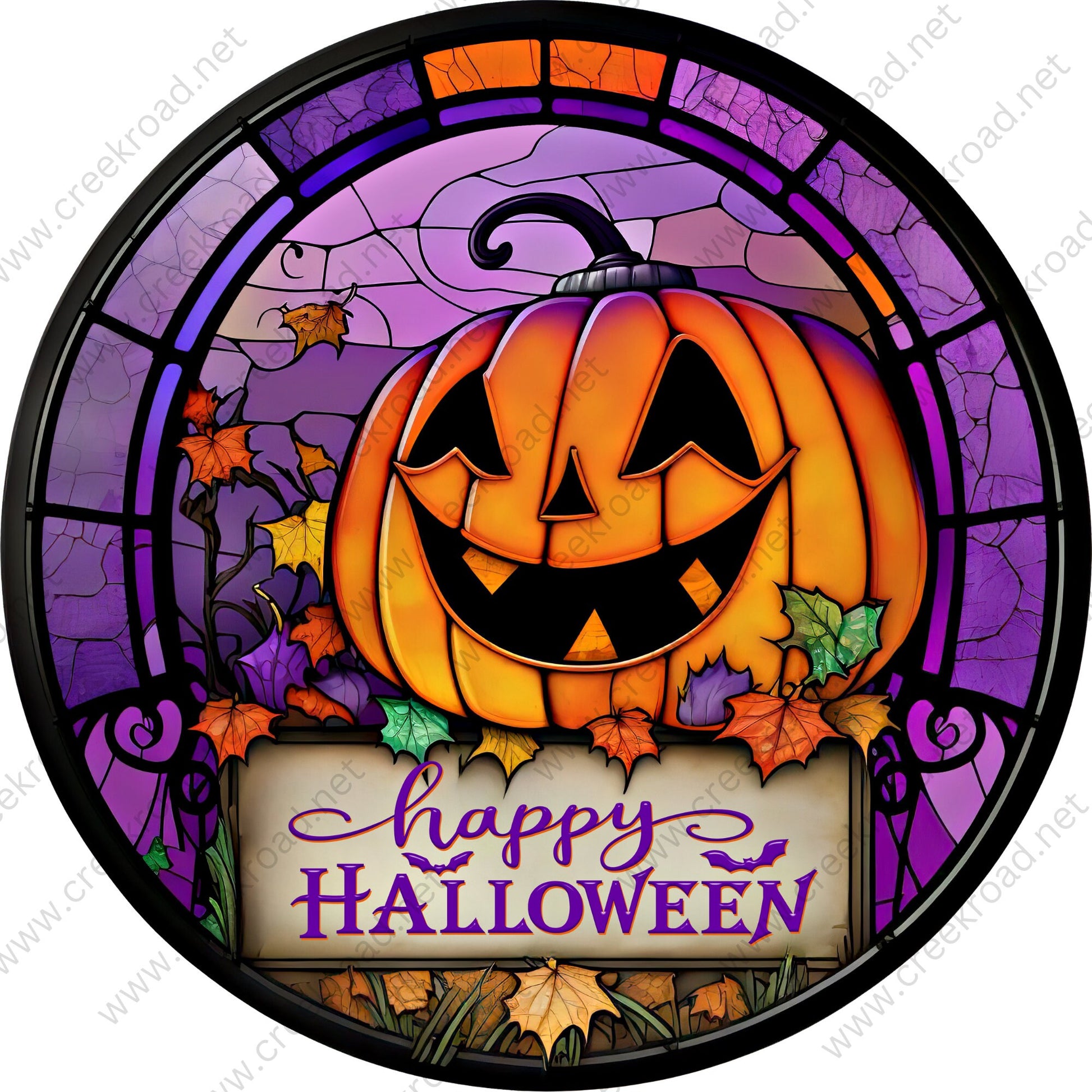 Happy Halloween Trick-Trick or Treat- 3 CHOICES-Welcome Halloween Faux Stained Glass Wreath Sign-Sublimation-Round-Decor