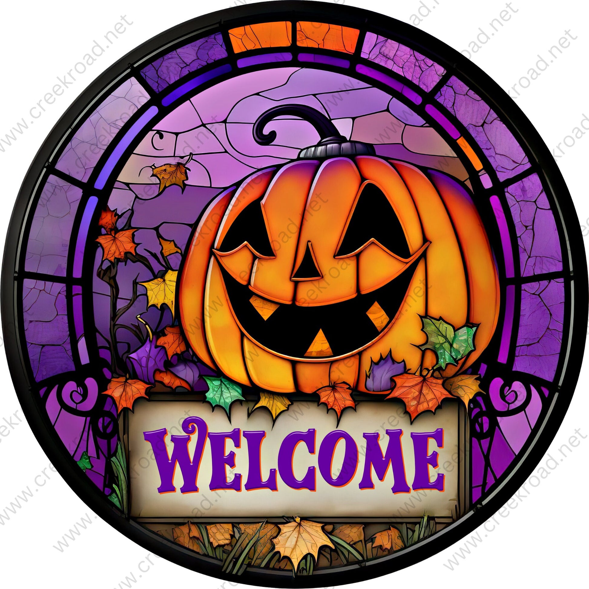 Happy Halloween Trick-Trick or Treat- 3 CHOICES-Welcome Halloween Faux Stained Glass Wreath Sign-Sublimation-Round-Decor