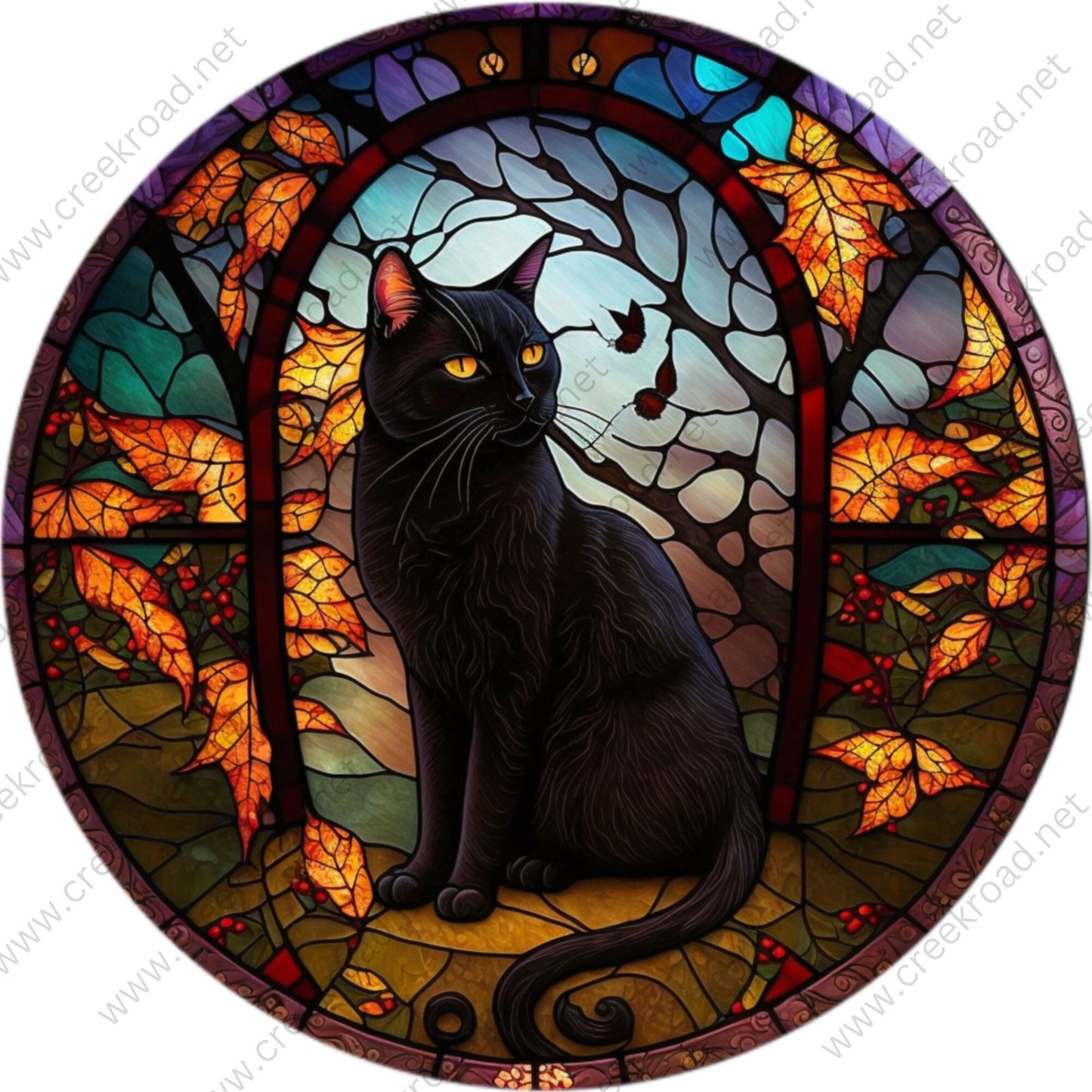 Halloween Black Cat Sitting in Fall Leaves Wreath Sign-Halloween-Sublimation-Decor