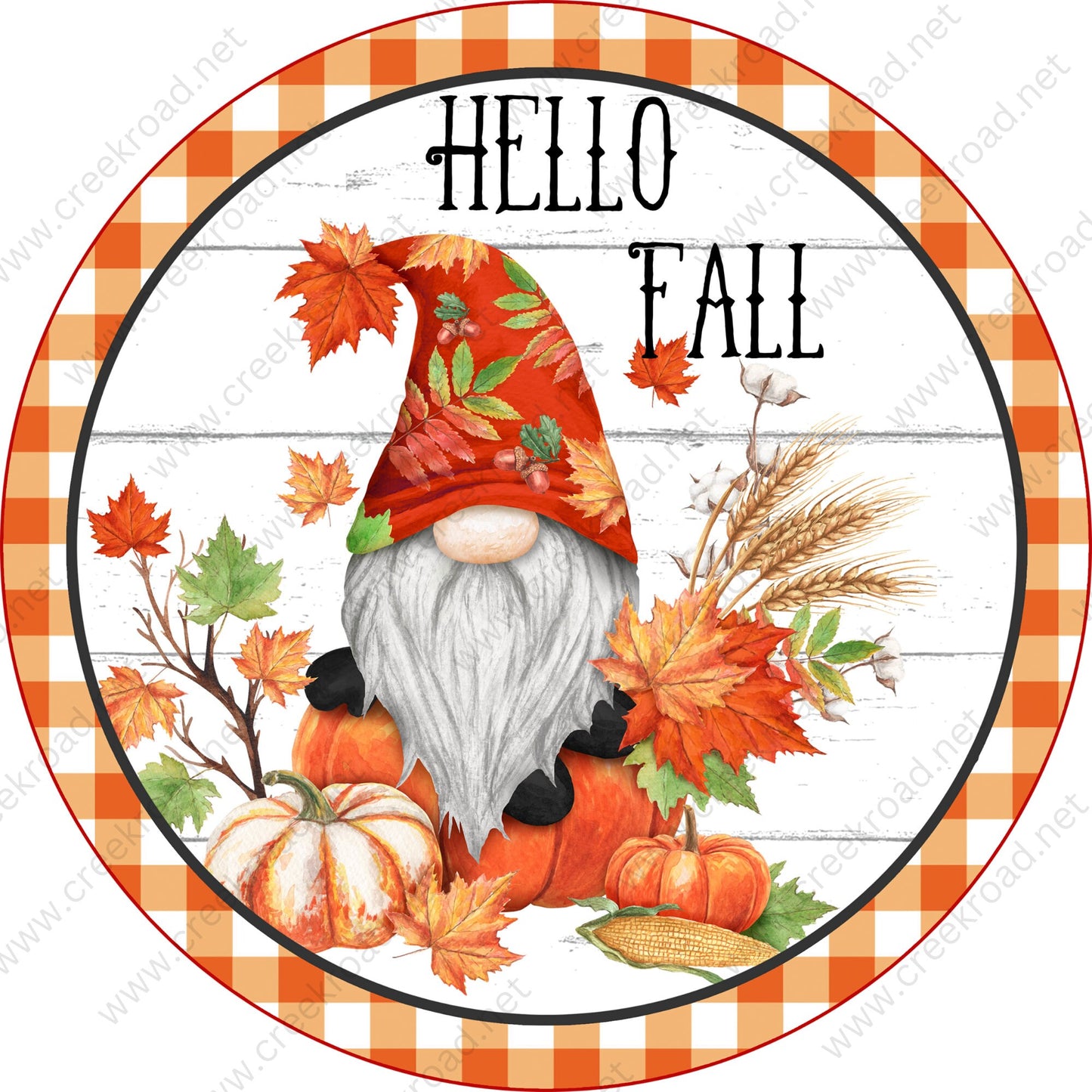 Hello Fall Gnome with Pumpkins Fall Leaves Orange Check Border Wreath Sign - Autumn Fall- Wreath Sign - Sublimation Sign - Wreath Attachment