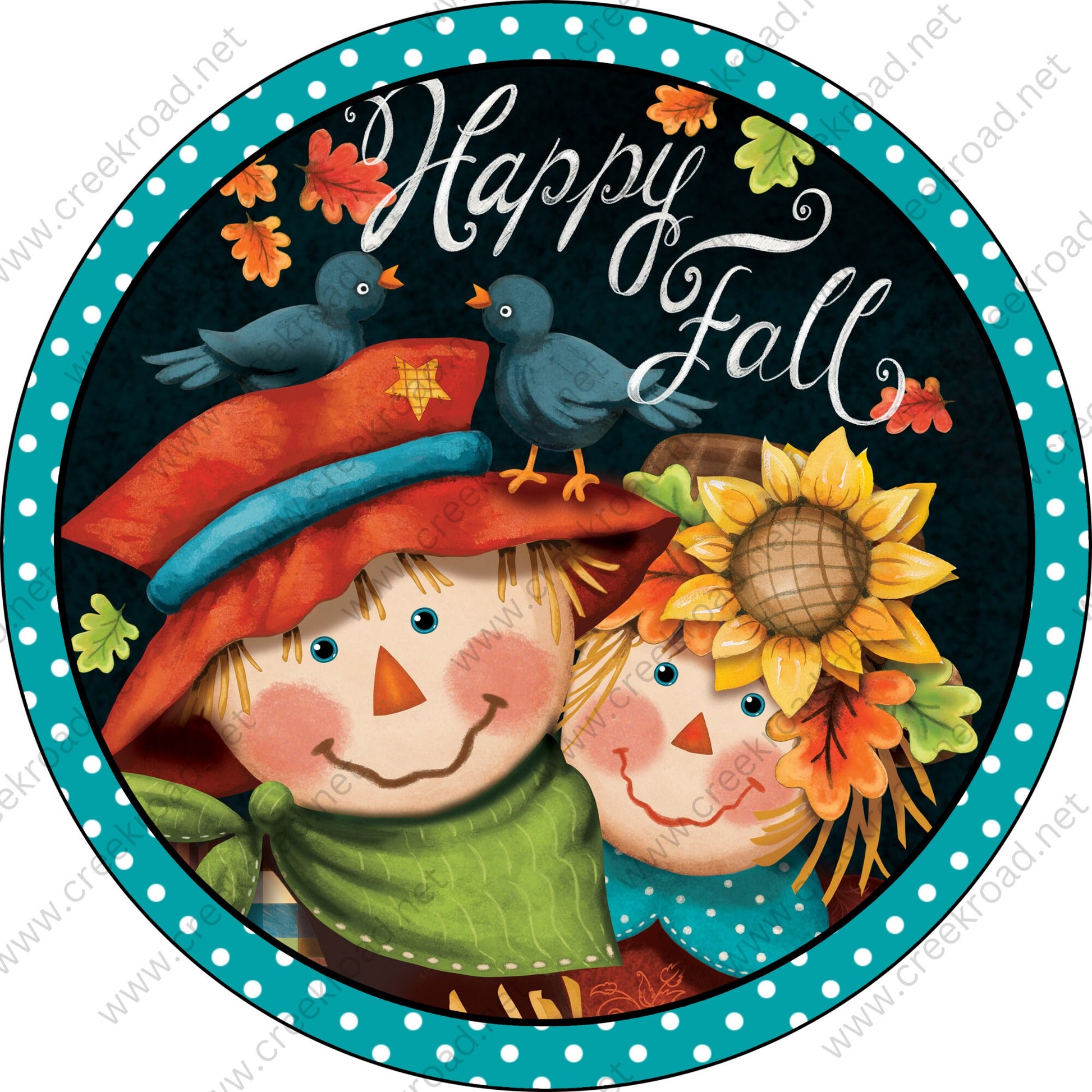 Happy Fall Scarecrows Teal White Polka Dots Wreath Sign - Autumn Fall- Wreath Sign - Sublimation Sign - Wreath Attachment