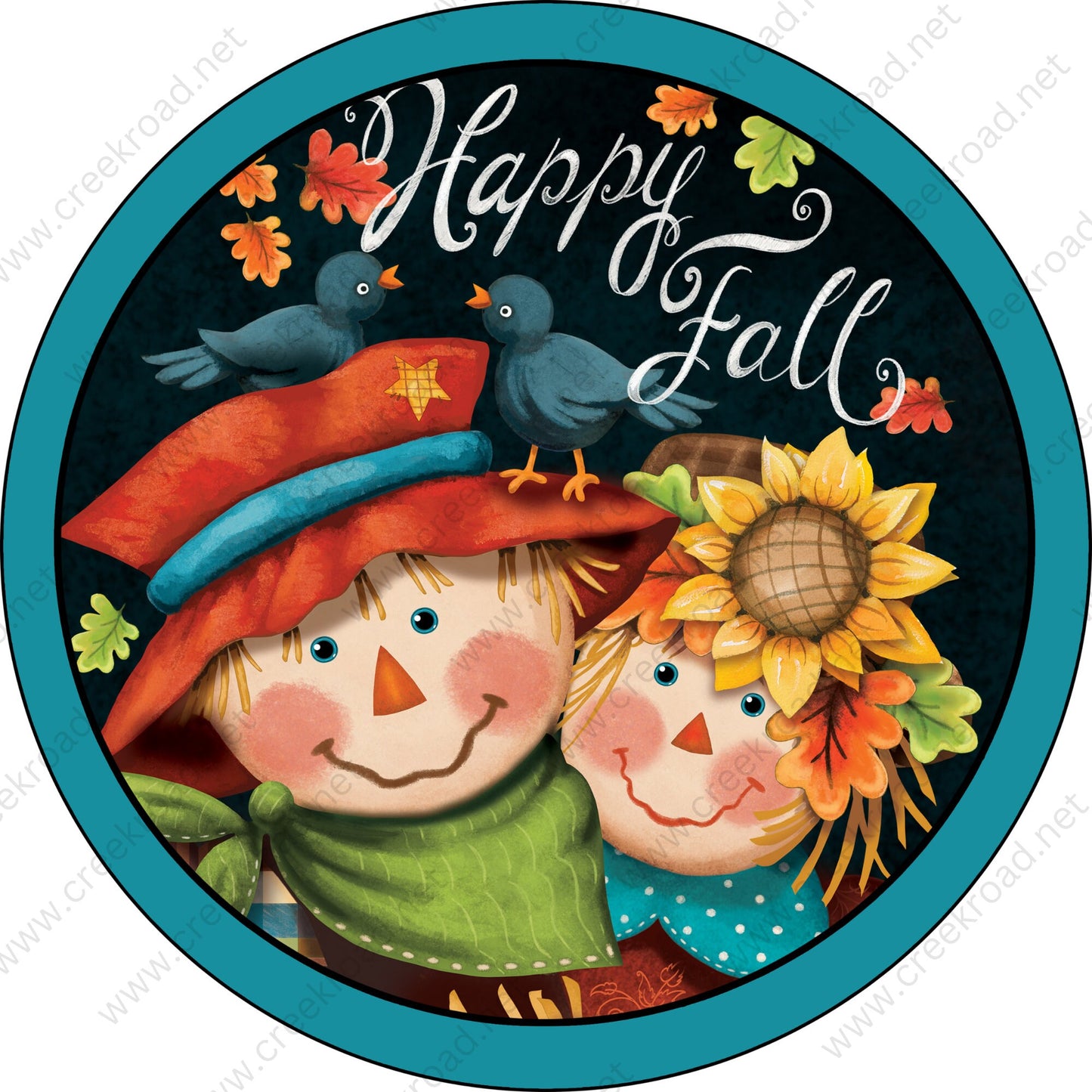 Happy Fall Scarecrows Solid Teal Border Wreath Sign - Autumn Fall- Wreath Sign - Sublimation Sign - Wreath Attachment