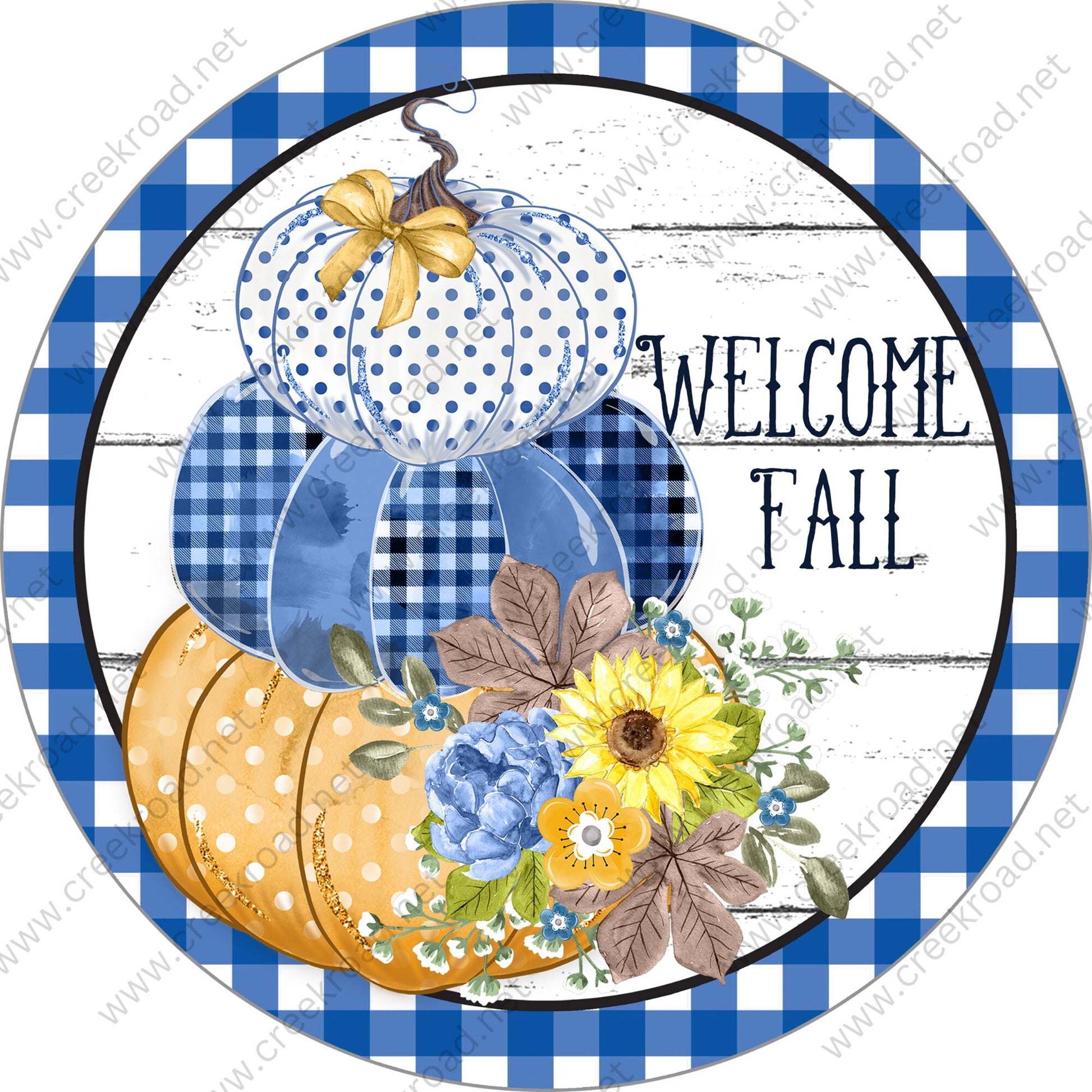 Welcome Fall Blue White Pumpkins Blue White Checkered Border Wreath Sign - Autumn Fall- Wreath Sign - Sublimation Sign - Wreath Attachment