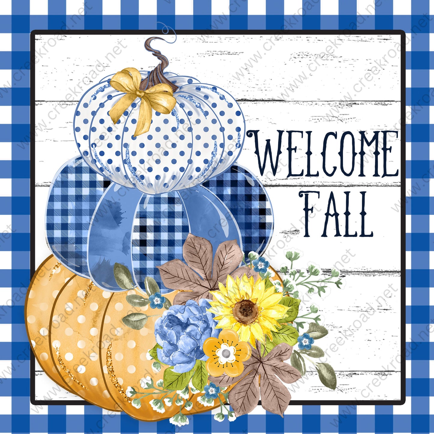 Welcome Fall Blue White Pumpkins Blue White Checkered Border Wreath Sign - Autumn Fall- Wreath Sign - Sublimation Sign - Wreath Attachment