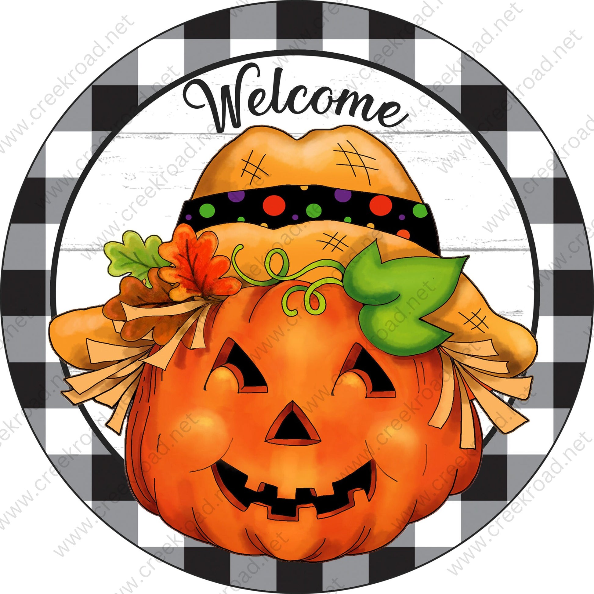 Welcome Pumpkin Scarecrow Black White Checkered Border Wreath Sign - Autumn Fall- Wreath Sign - Sublimation Sign - Wreath Attachment