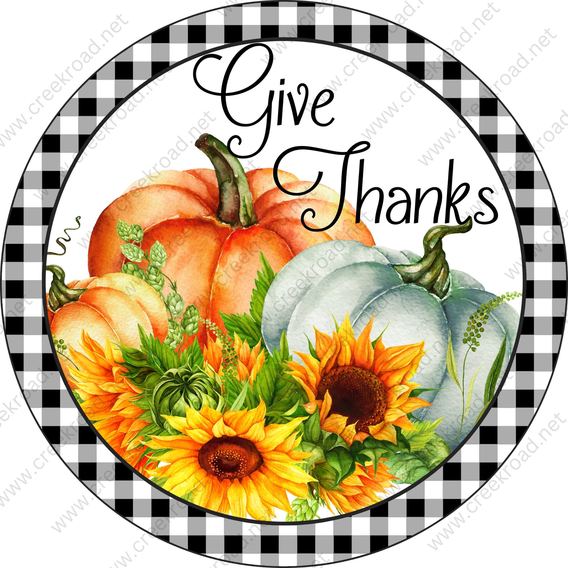 Give Thanks Pumpkins Sunflowers Black White Checkered Border Wreath Sign - Autumn Fall- Wreath Sign - Sublimation Sign - Wreath Attachment