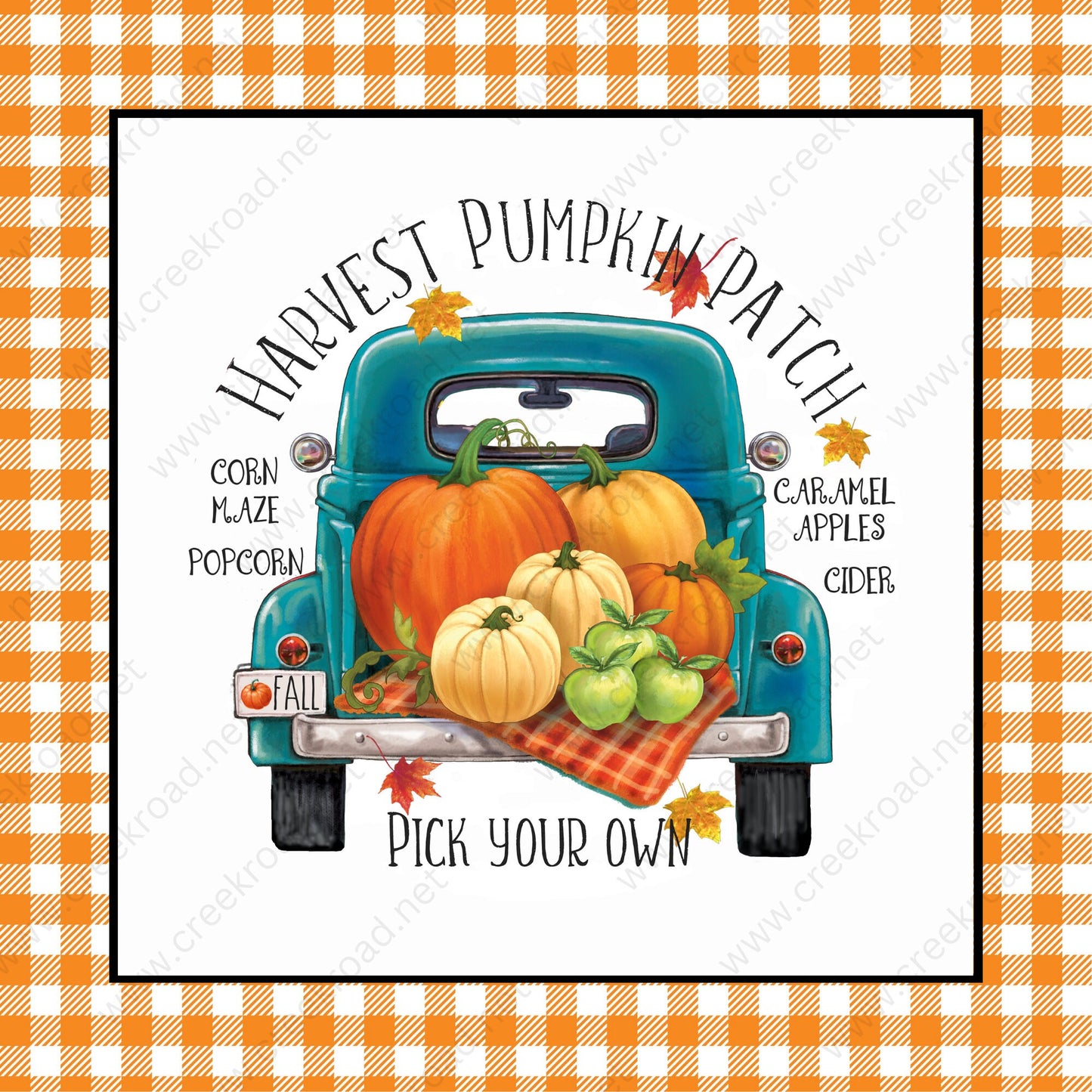 Harvest Pumpkin Patch Teal Truck loaded Pumpkins Orange Gingham Wreath Sign - Autumn Fall- Wreath Sign -Sublimation Sign -Wreath Attachment