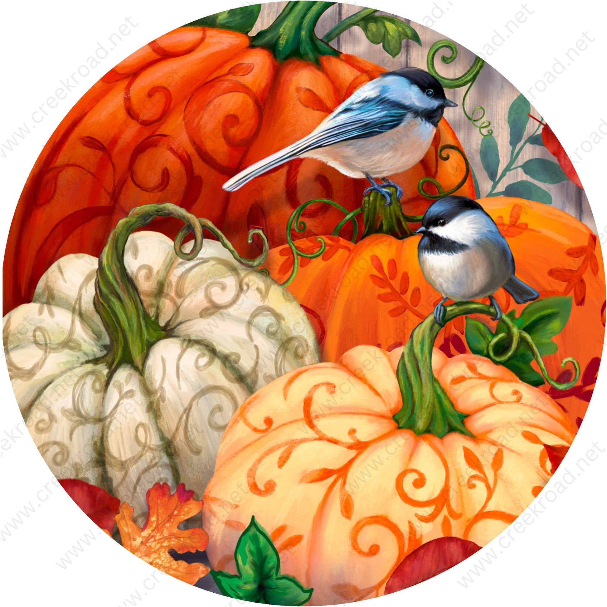 Pumpkins with Blue Birds Wreath Sign-Fall-Sublimation-Attachment-Round-Decor