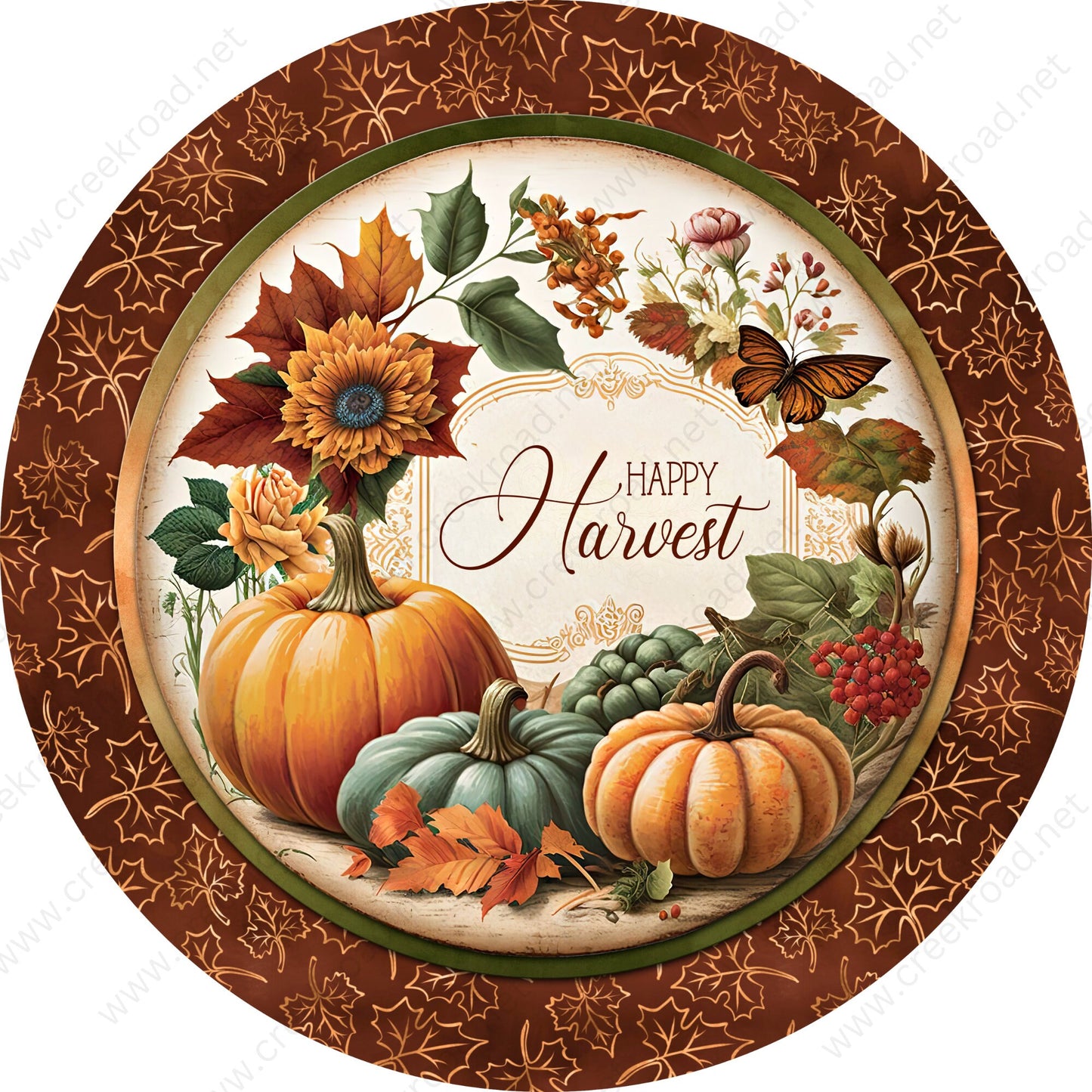 Happy Harvest with Fall Pumpkins Orange Green with Leaf Border Wreath Sign-Fall-Sublimation-Attachment-Round-Decor