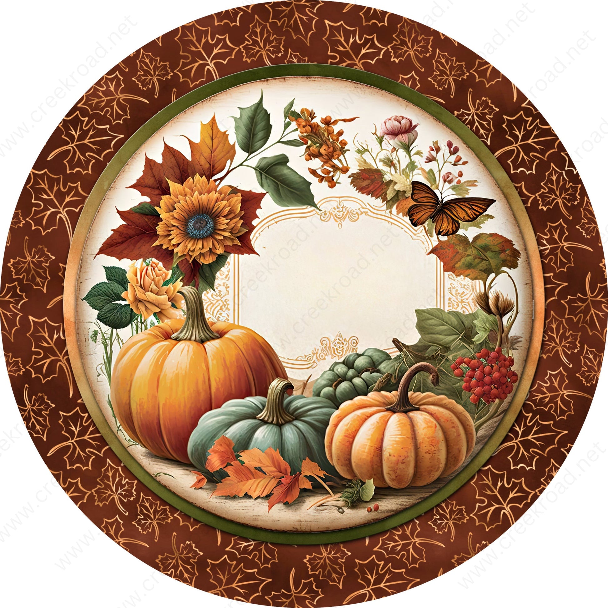 Fall Pumpkins Orange Green with Leaf Border Wreath Sign-Fall-Sublimation-Attachment-Round-Decor