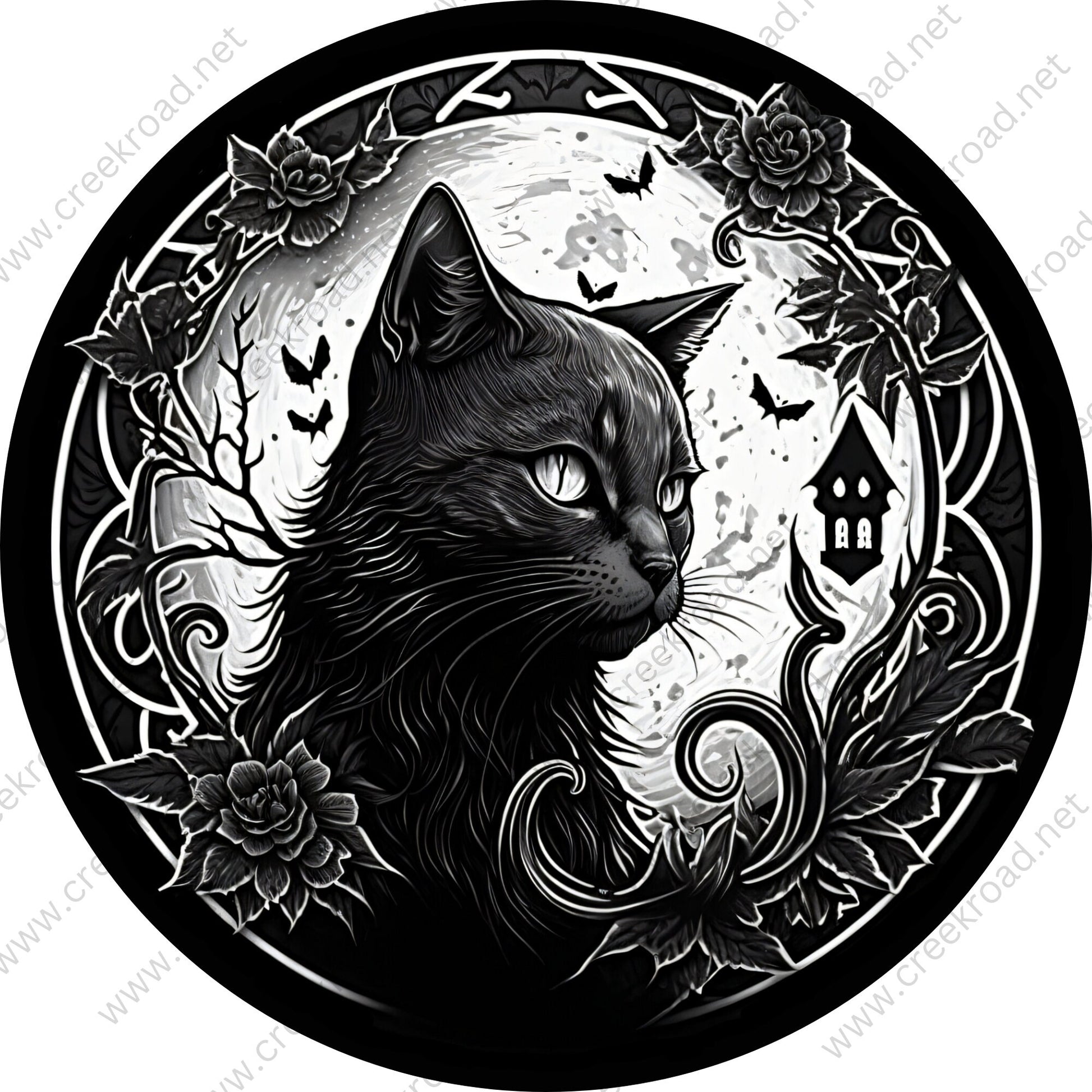 Halloween Black Cat with Black Rose Border Wreath Sign-Halloween-Sublimation-Decor