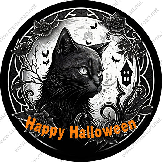 Happy Halloween Black Cat with Black Rose Border Wreath Sign-Halloween-Sublimation-Decor