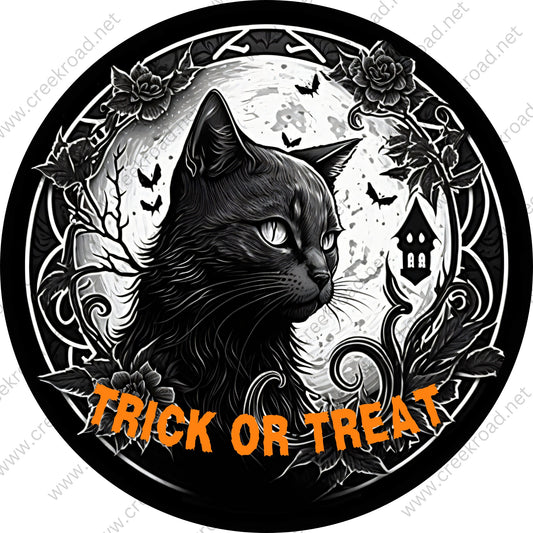 Trick or Treat Black Cat Wreath Sign-Fall-Sublimation-Round-Decor