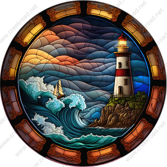 Sailboat Tossed by Rough Seas Near Coastal Lighthouse Faux Stained Glass Wreath Sign-Round-Sublimation-Coastal-Decor