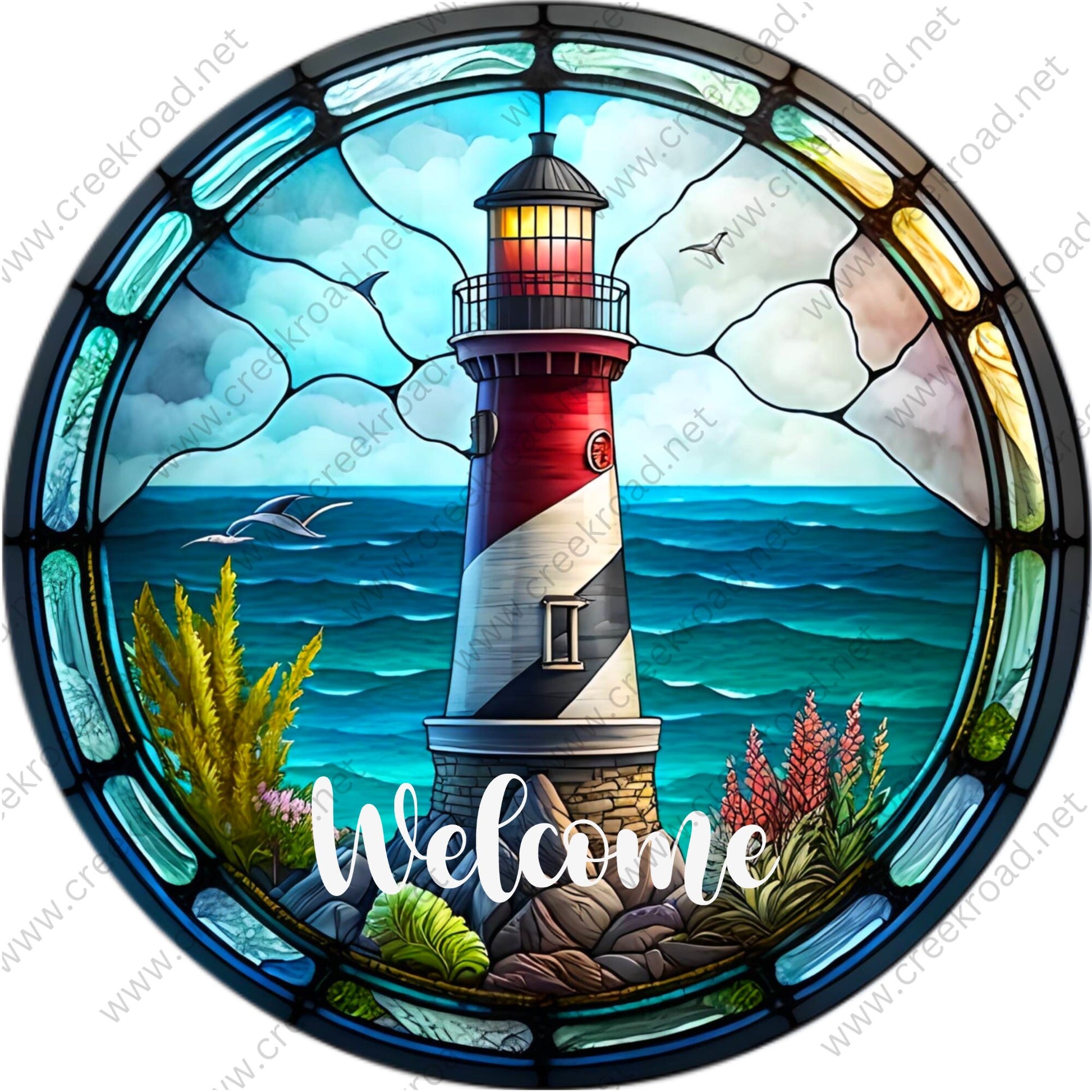 Welcome Lighthouse on the Blue Water Faux Stained Glass Wreath Sign-Round-Sublimation-Coastal-Decor