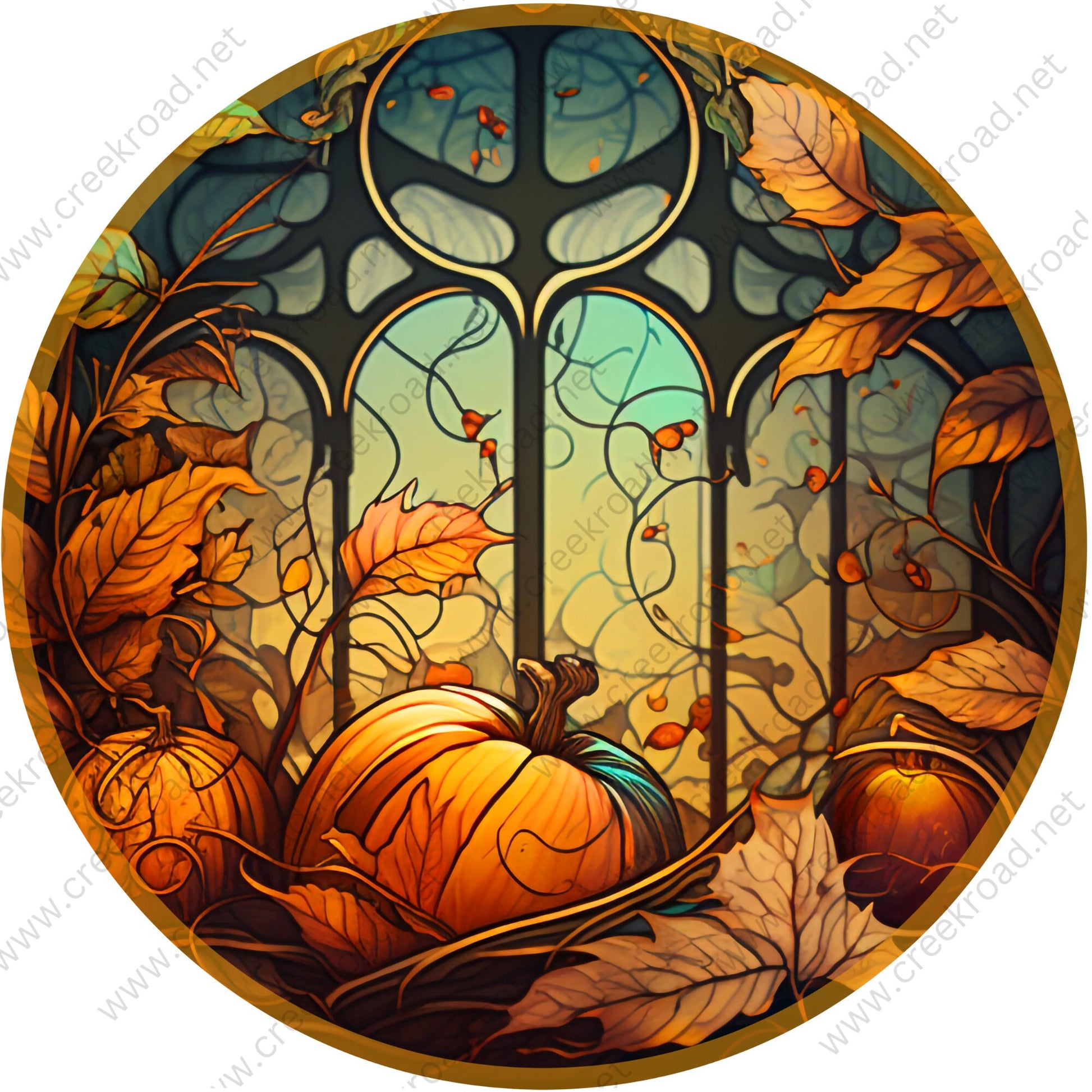 Fall Pumpkins with Fall Leaves Wreath Sign-Fall-Sublimation-Attachment-Round-Creek Road Designs