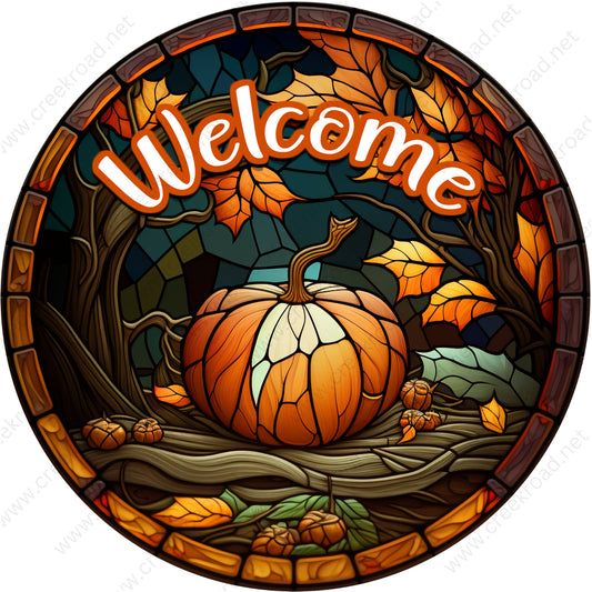 Welcome Fall Pumpkin Faux Stained Glass Wreath Sign-Fall-Sublimation-Attachment-Round-Creek Road Designs