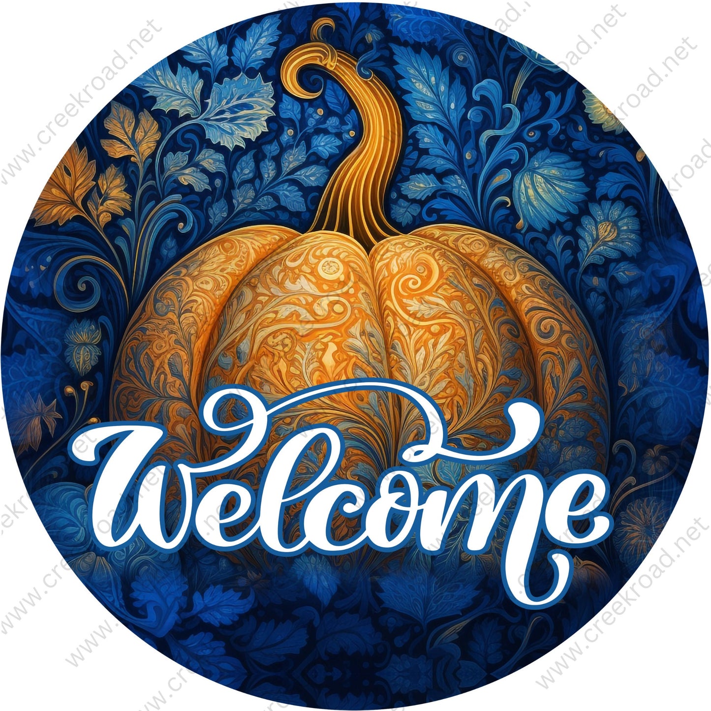 Welcome Orange Pumpkin on Blue Floral Background Wreath Sign-Fall-Sublimation-Attachment-Round-Creek Road Designs