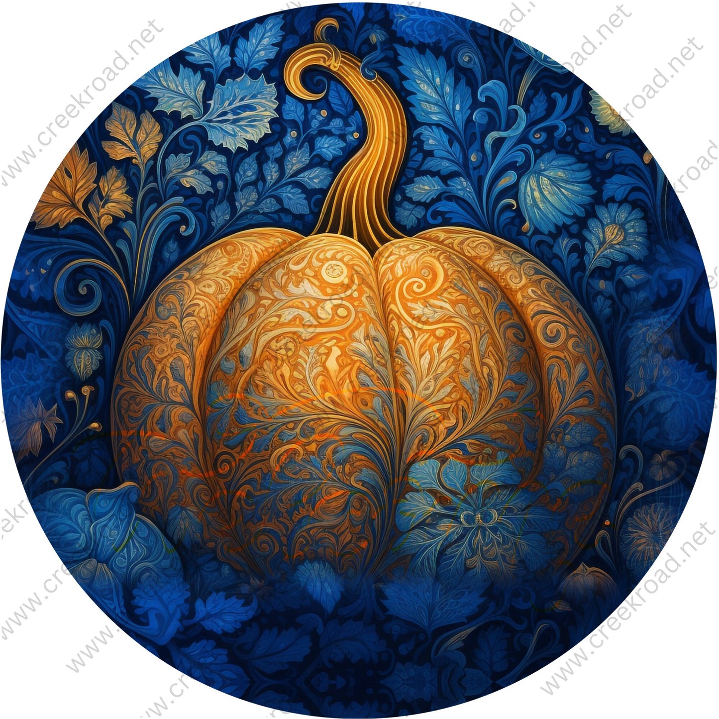 Orange Pumpkin on Blue Floral Background Wreath Sign-Fall-Sublimation-Attachment-Round-Creek Road Designs