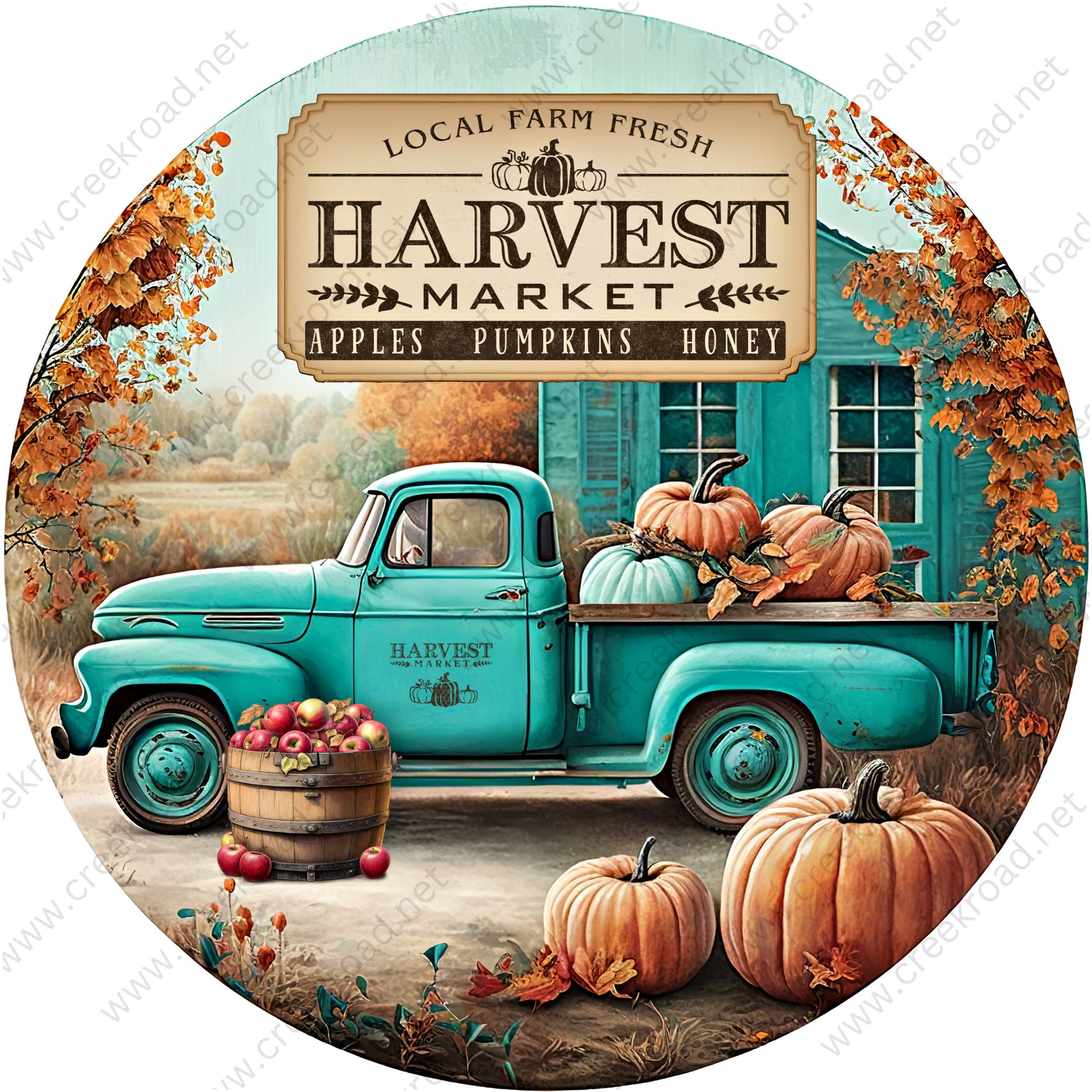 Harvest Market Teal Truck Wreath Sign-PICK YOU FINISH-Fall-Sublimation-Attachment-Round-Creek Road Designs