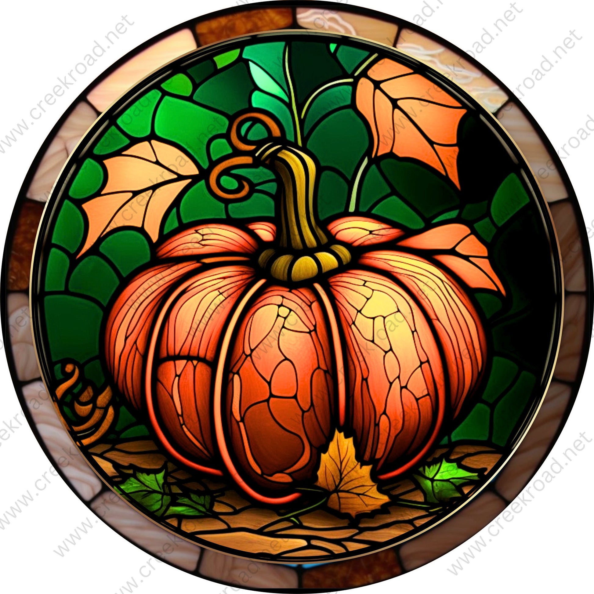 Large Fall Pumpkin Patch Faux Stained Glass Brown Tan Border Wreath Sign-Fall-Sublimation-Attachment-Round-Creek Road Designs