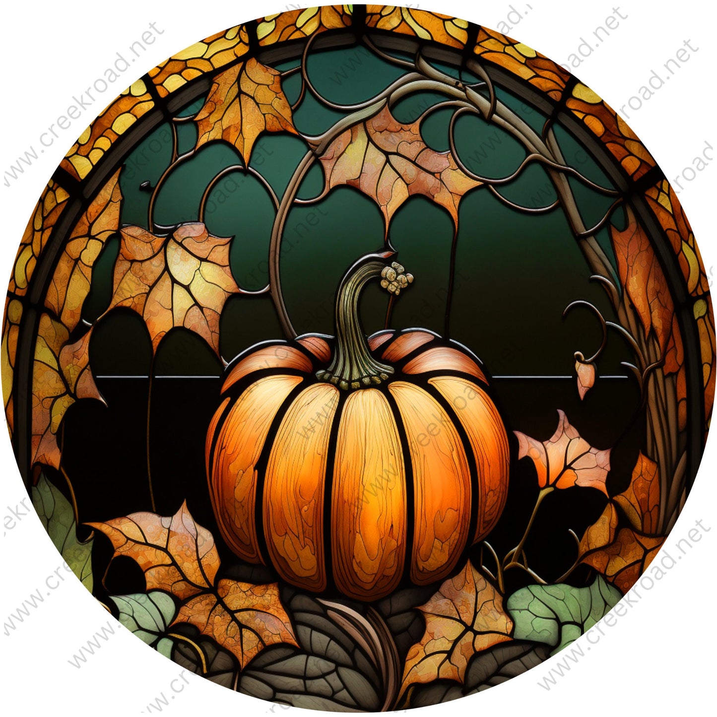 Fall Pumpkin Faux Stained Glass on Kelly Green Background Wreath Sign-Fall-Sublimation-Attachment-Round-Creek Road Designs