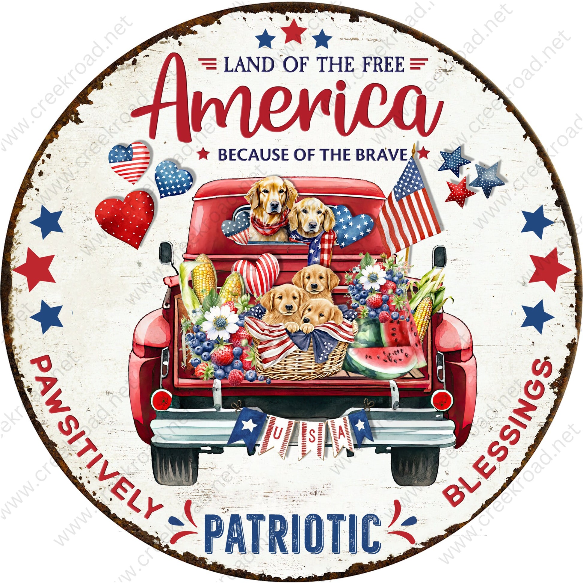 Land of the Free America Pawsitively Patriotic with Dogs in Bed Rusted Border Wreath Sign-Creek Road Designs-Sublimation-Creek Road Design