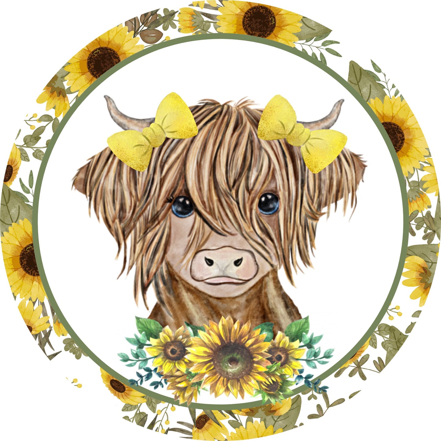 Highland Cow Spring Sunflowers Yellow Bows Wreath Sign - Sublimation - Spring - Metal Sign