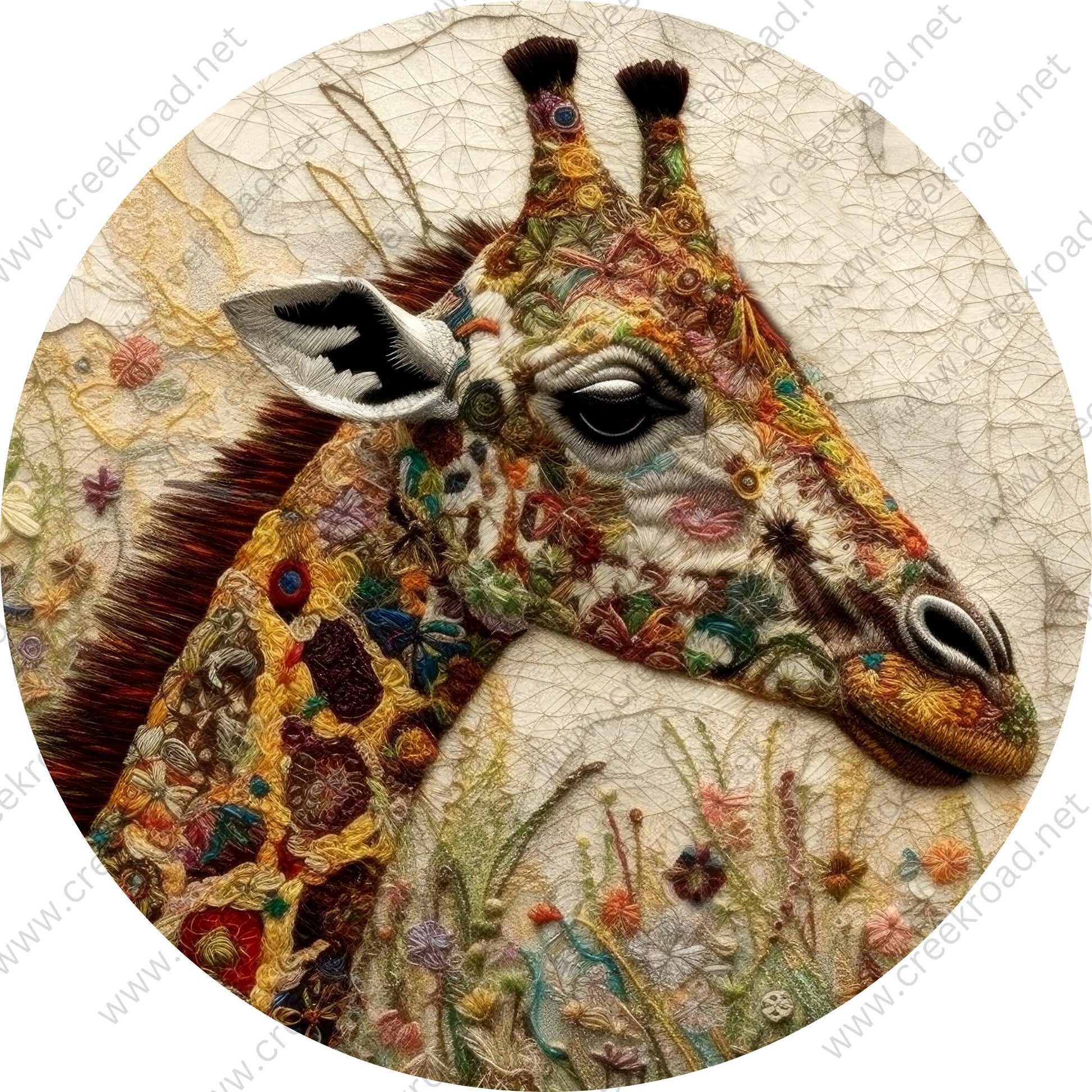 Colorful Giraffe Faux Embroidery Wreath Sign-Round-Sublimation-Decor