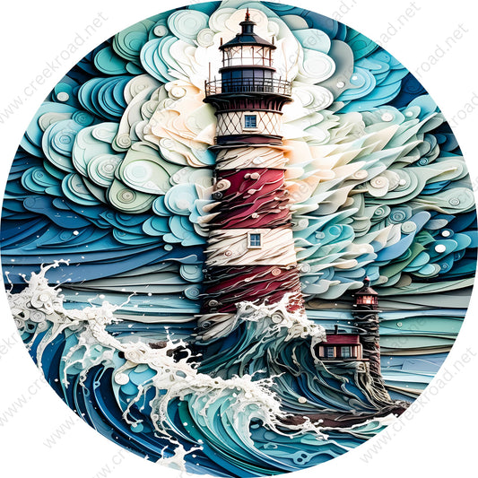 Layered Art Coastal Lighthouse Wreath Sign-Round-Sublimation-Decor