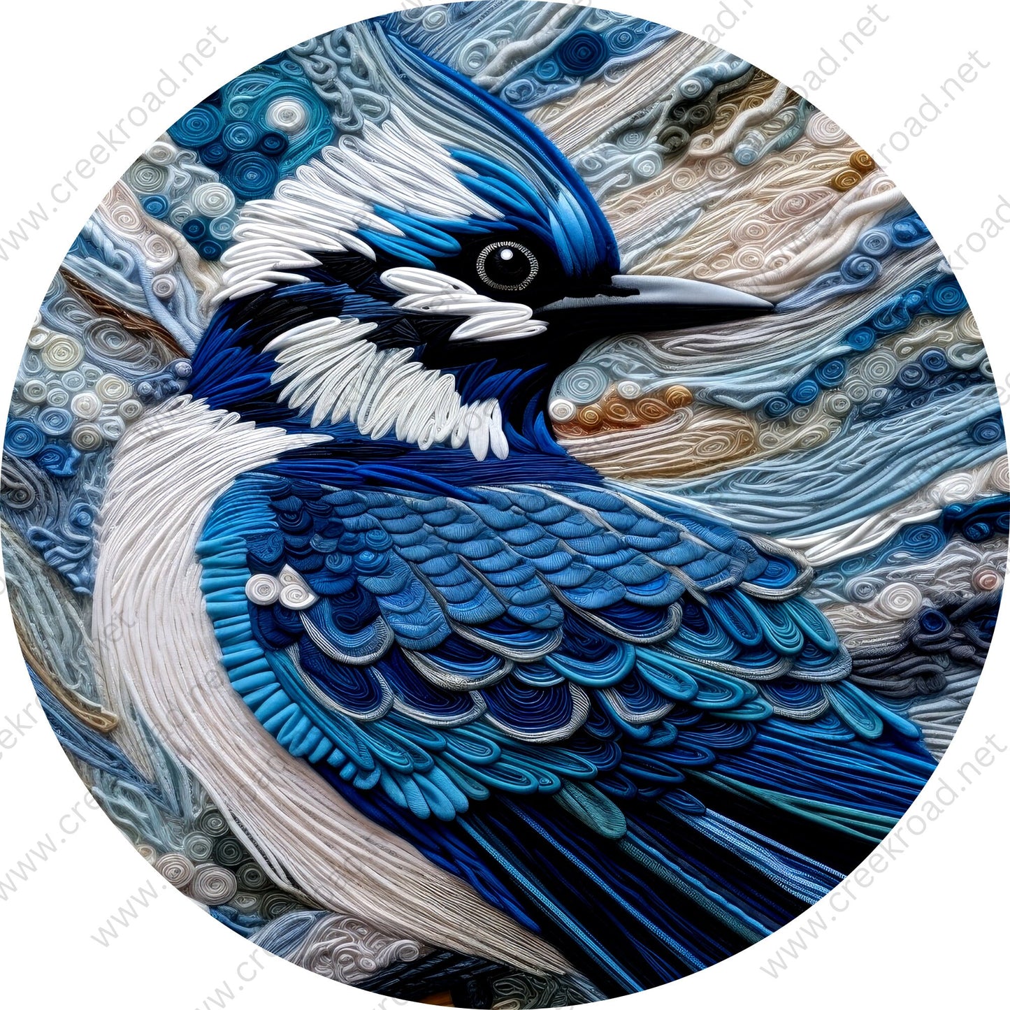 Blue Jay Bird Faux Embroidery Wreath Sign-Round-Sublimation-Decor