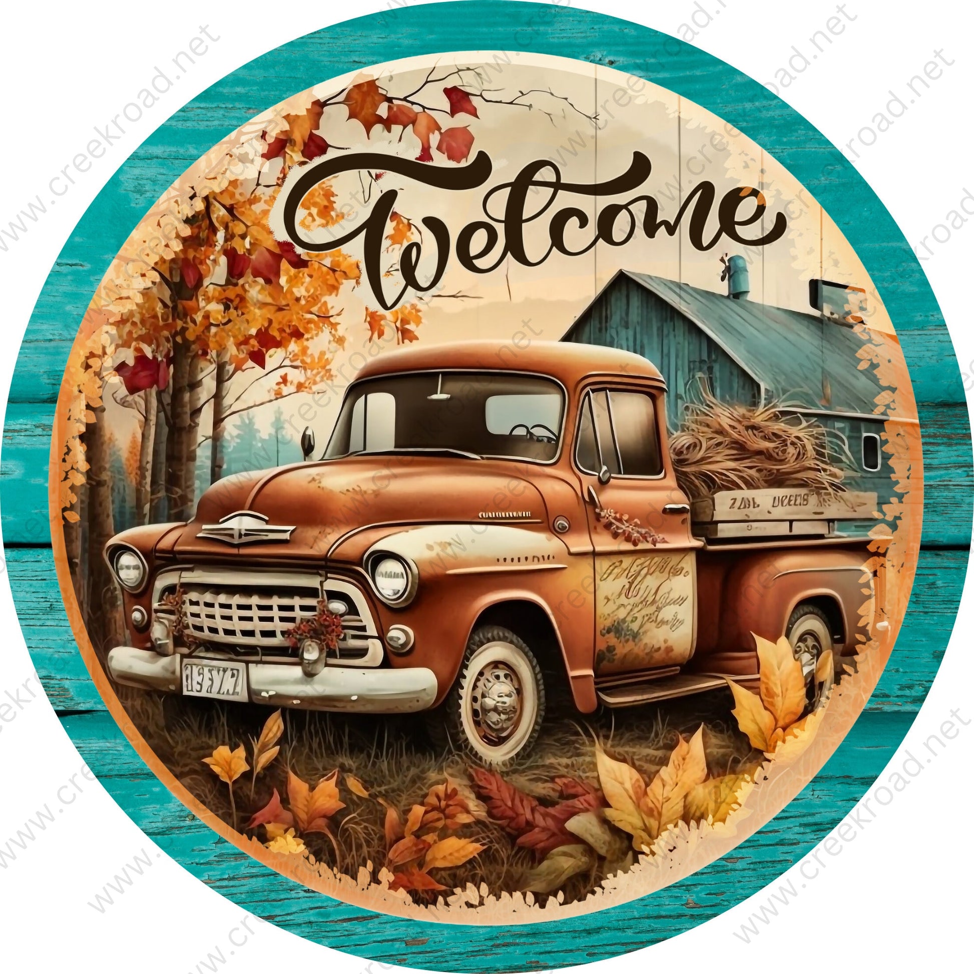 Welcome Antique Truck Fall Leaves Teal Distressed Wood Border Wreath Sign-Fall-Sublimation-Attachment-Round-Decor