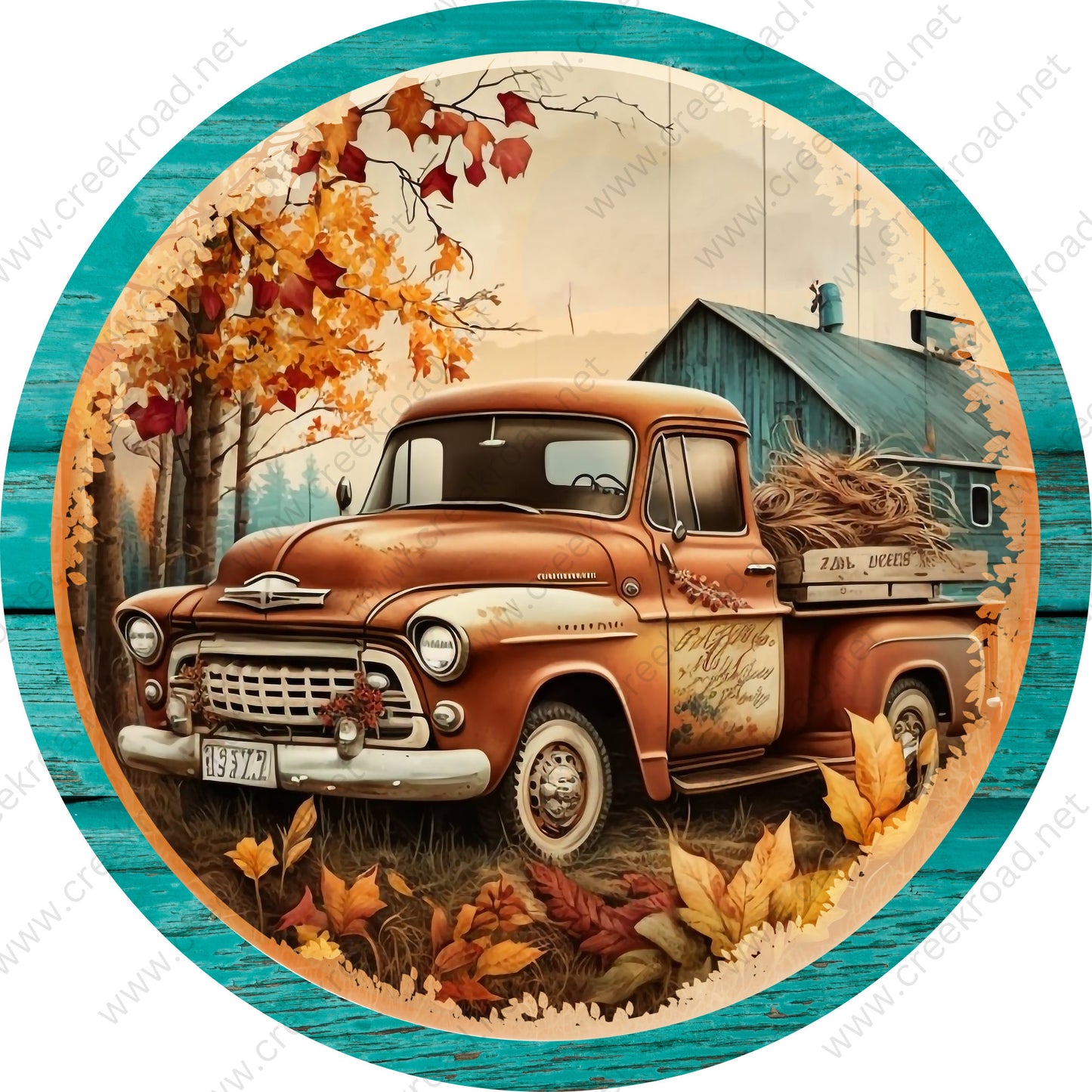 Antique Truck Fall Leaves Wreath Sign-Fall-Sublimation-Attachment-Round-Decor