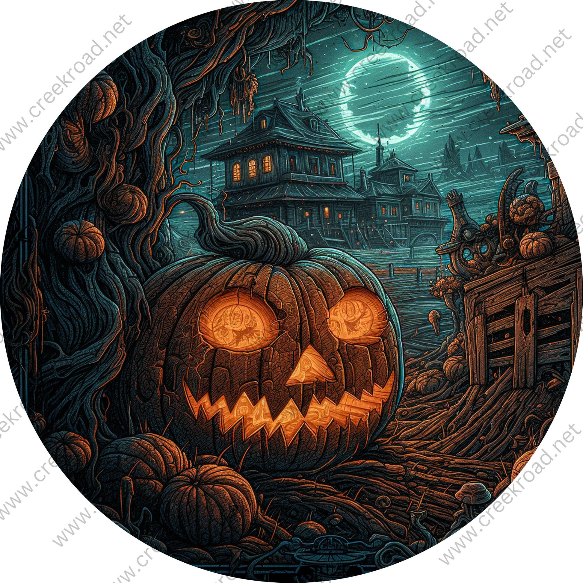 Spooky Pumpkin Patch At Haunted House Wreath Sign-Halloween-Sublimation-Decor-Creek Road Designs