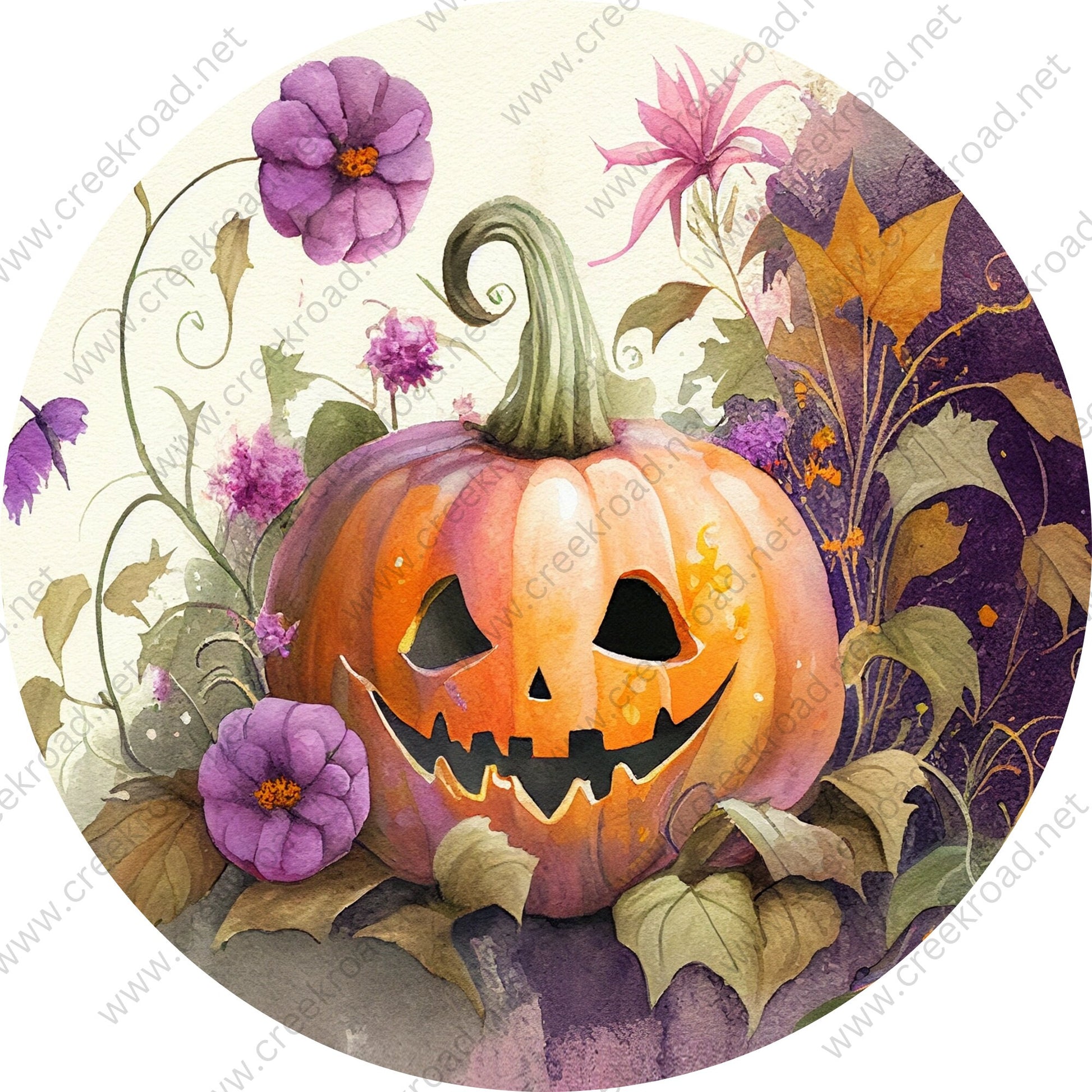 Jackolantern Smiling Pumpkin with LavenderFlowers Wreath Sign-Halloween-Sublimation-Decor-Creek Road Designs