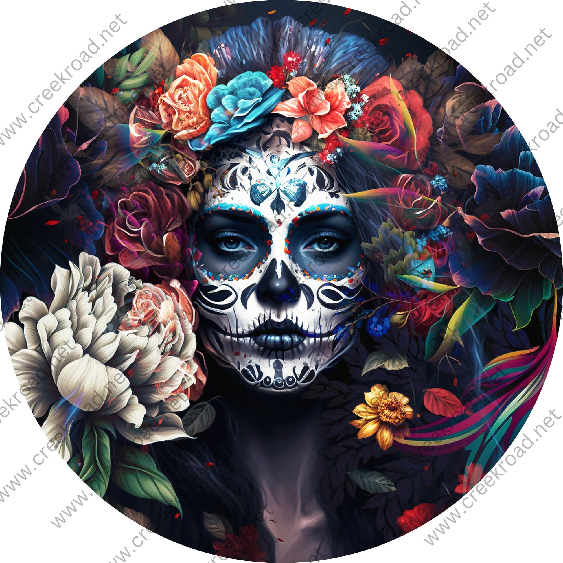 Beautiful Female Sugar Skull with Colorful Headdress Wreath Sign-Halloween-Sublimation-Decor-Creek Road Designs