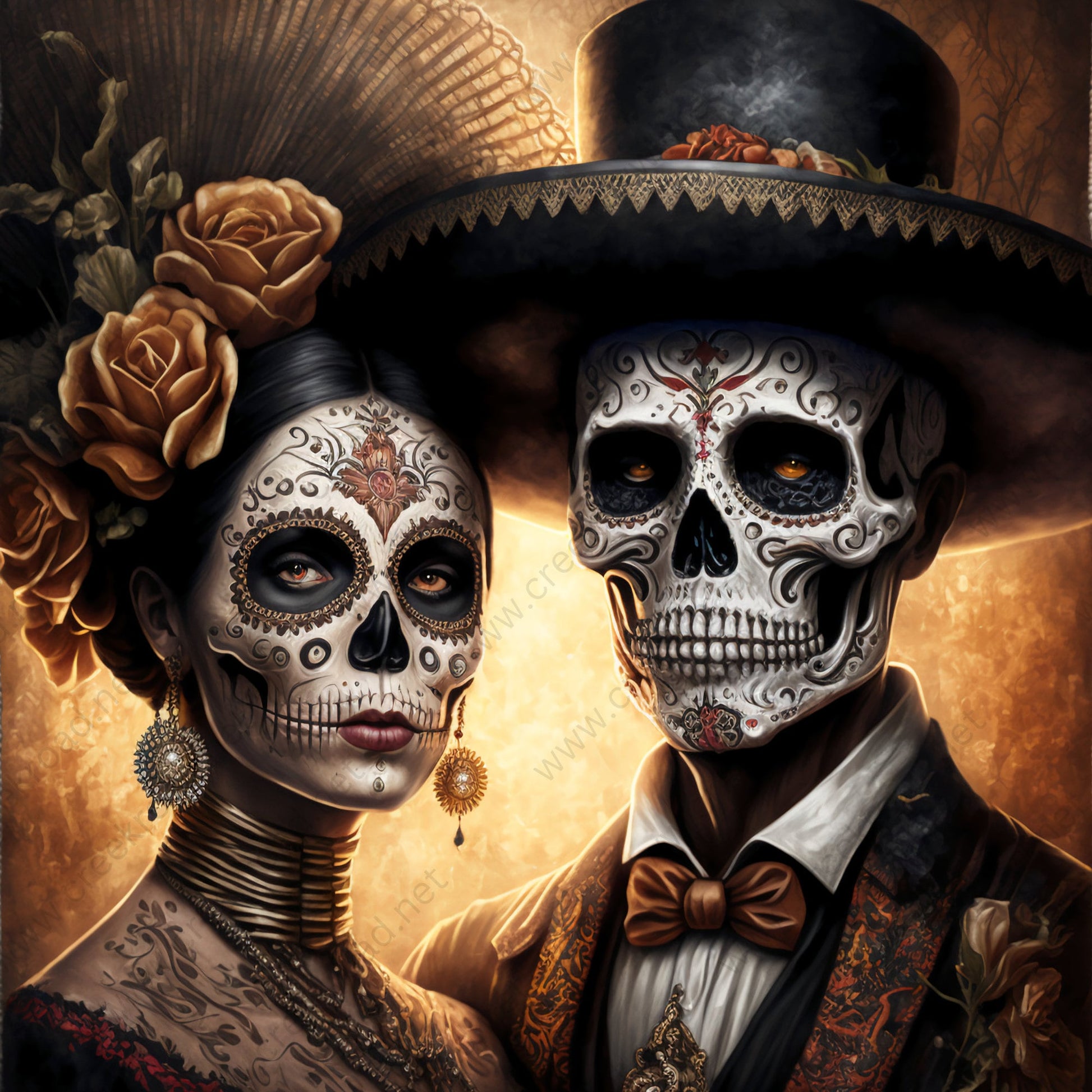 Mexican Skull Couple Dia de la Muerta Wreath Sign-10"x10" Square-Halloween-Sublimation-Decor-Creek Road Designs