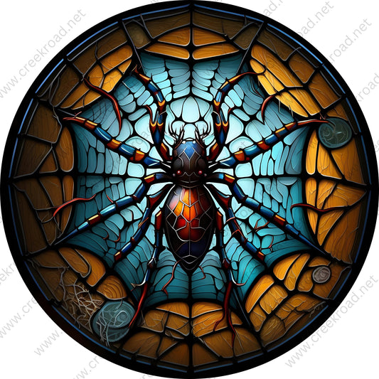 Large Spider on Orange Teal Background Wreath Sign-Halloween-Sublimation-Decor-Creek Road Designs