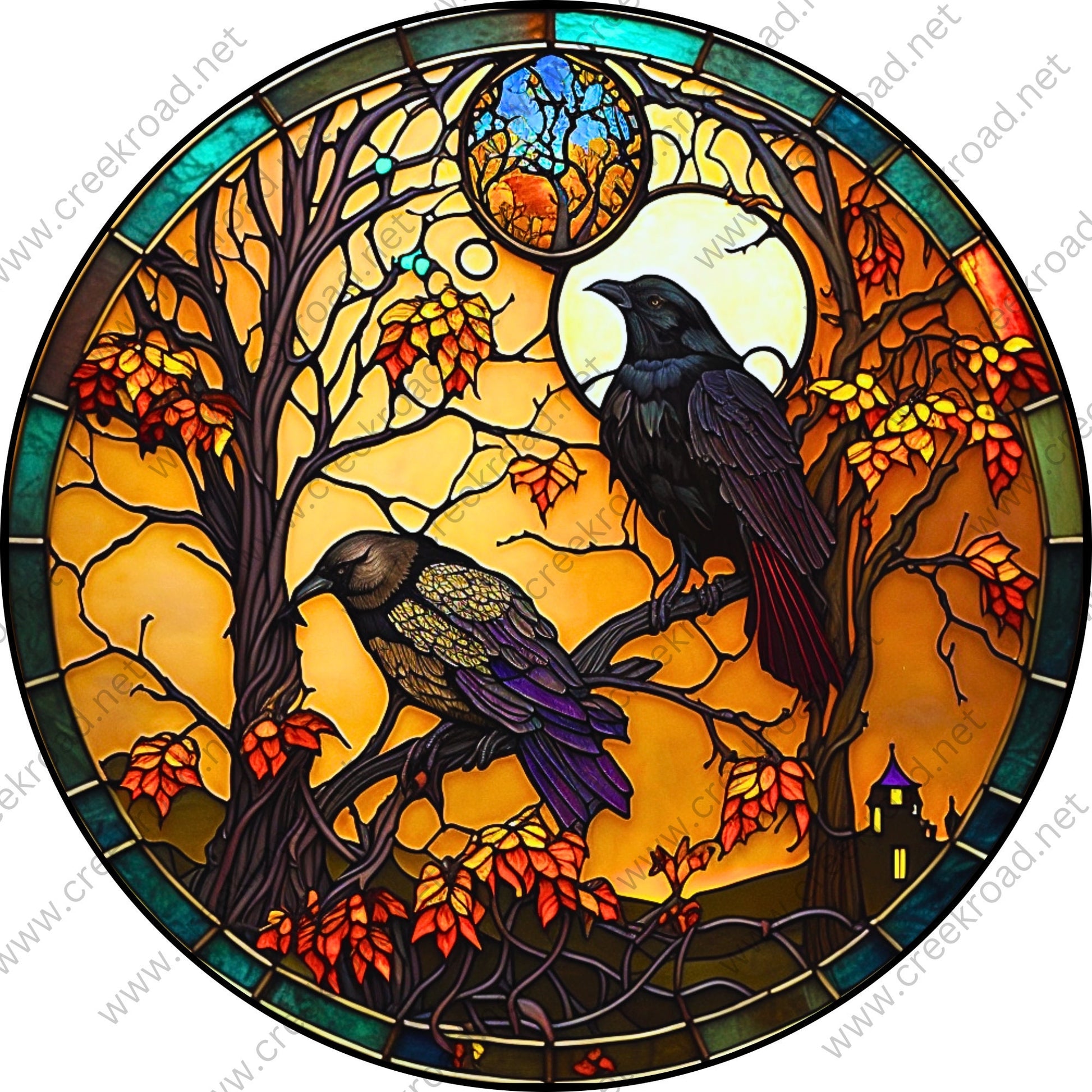 Halloween Ravens in Full Moon Wreath Sign-Halloween-Sublimation-Decor