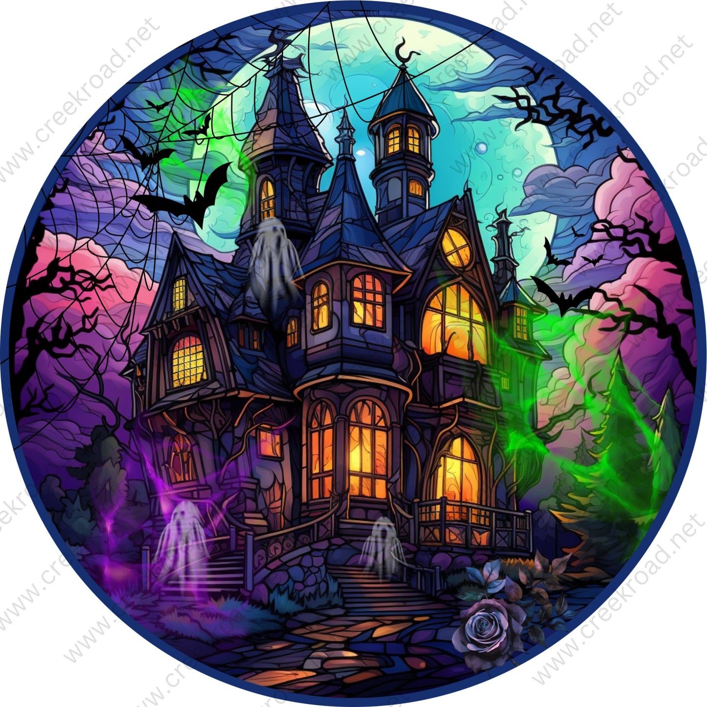 Spooky Haunted Halloween House with Ghosts Wreath Sign-Halloween-Sublimation-Decor-Creek Road Designs